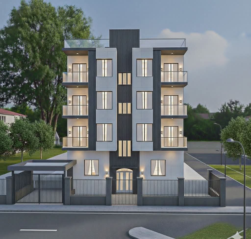 Modern multi-story residential building with gated entrance, surrounded by trees and parked cars in the front.