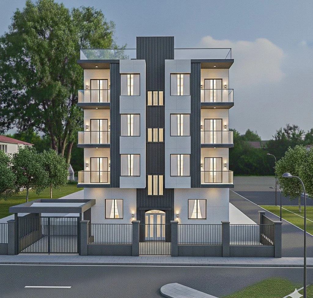 A modern multi-story residential building with a gated entrance, surrounded by trees and parked cars.