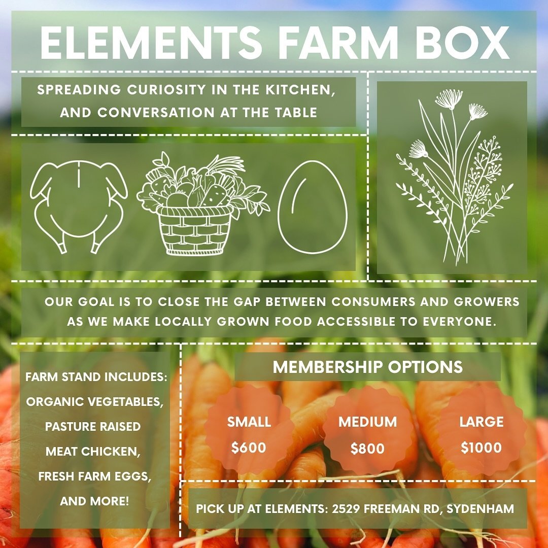 Elements Farm Box 👩&zwj;🌾 ☀️🌻🫛🥕

Spreading Curiosity In The Kitchen, And Conversation At The Table. 

☀️ Joining our Community Supported Agriculture or CSA, is a way for you to support local and enjoy the bounties of our garden that has been pla