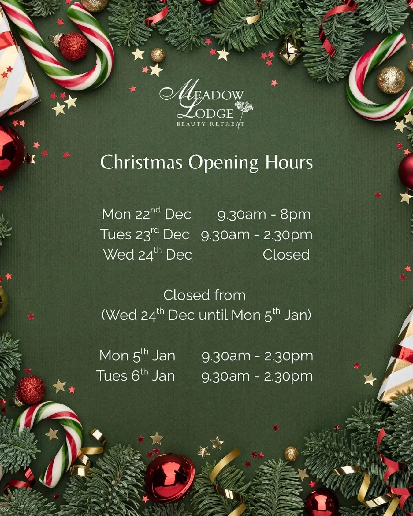 🎄✨ Our Christmas Opening Hours Are Here! ✨🎄
Please note our festive opening times and make sure you&rsquo;re all set for your pre-Christmas pampering! 💆&zwj;♀️💫

You can book your appointments online anytime, or if you prefer, feel free to send u