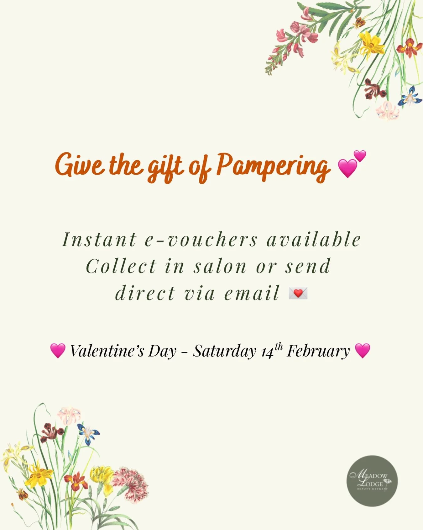 The gift they&rsquo;ll truly love this Valentine&rsquo;s Day 💗

Treat someone special (or yourself 🤍) to a little time out at Meadow Lodge. Our gift vouchers are available instantly, perfect for last-minute surprises.

Available to collect in salon