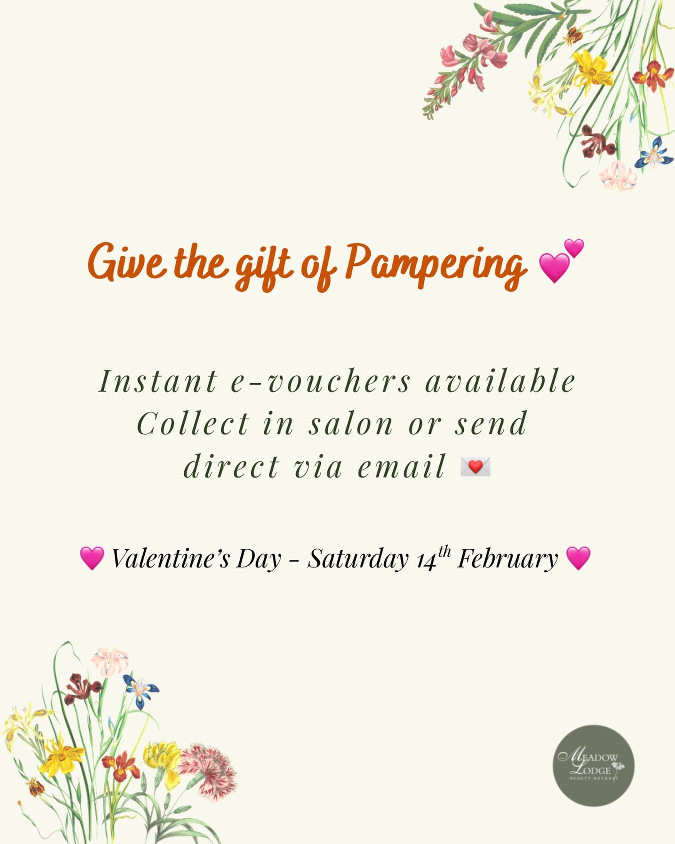 The gift they&rsquo;ll truly love this Valentine&rsquo;s Day 💗

Treat someone special (or yourself 🤍) to a little time out at Meadow Lodge. Our gift vouchers are available instantly, perfect for last-minute surprises.

Available to collect in salon