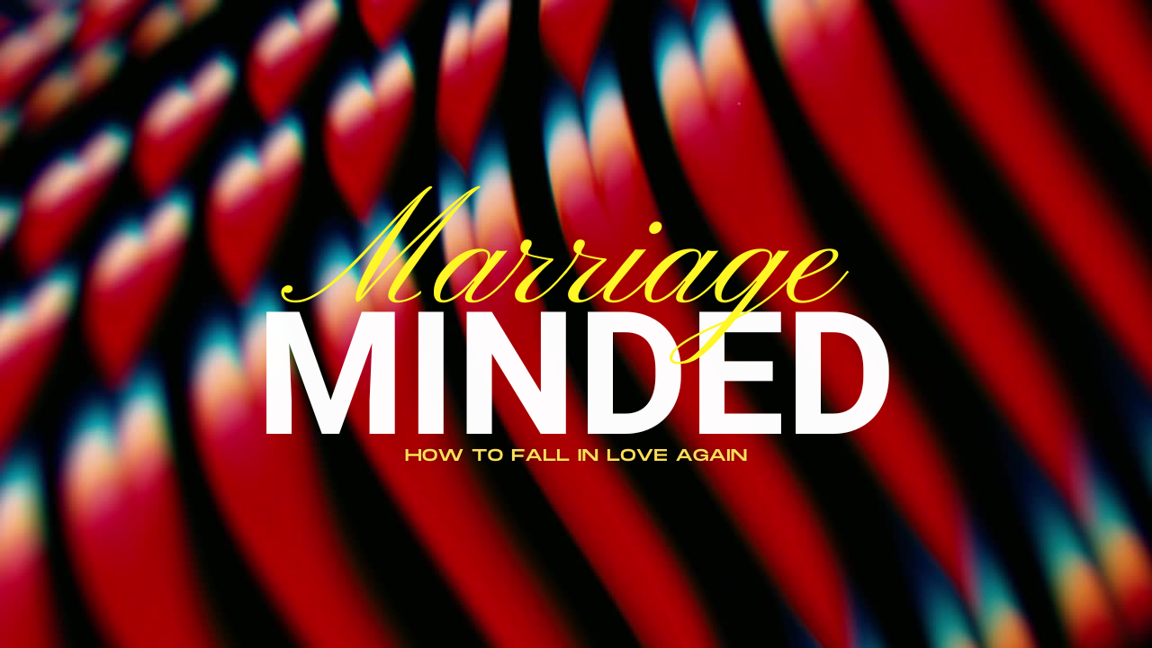 Colorful close-up of multiple twisted red, black, and colorful pencils with text overlay that reads "Marriage MINDed" and "How to Fall in Love Again".
