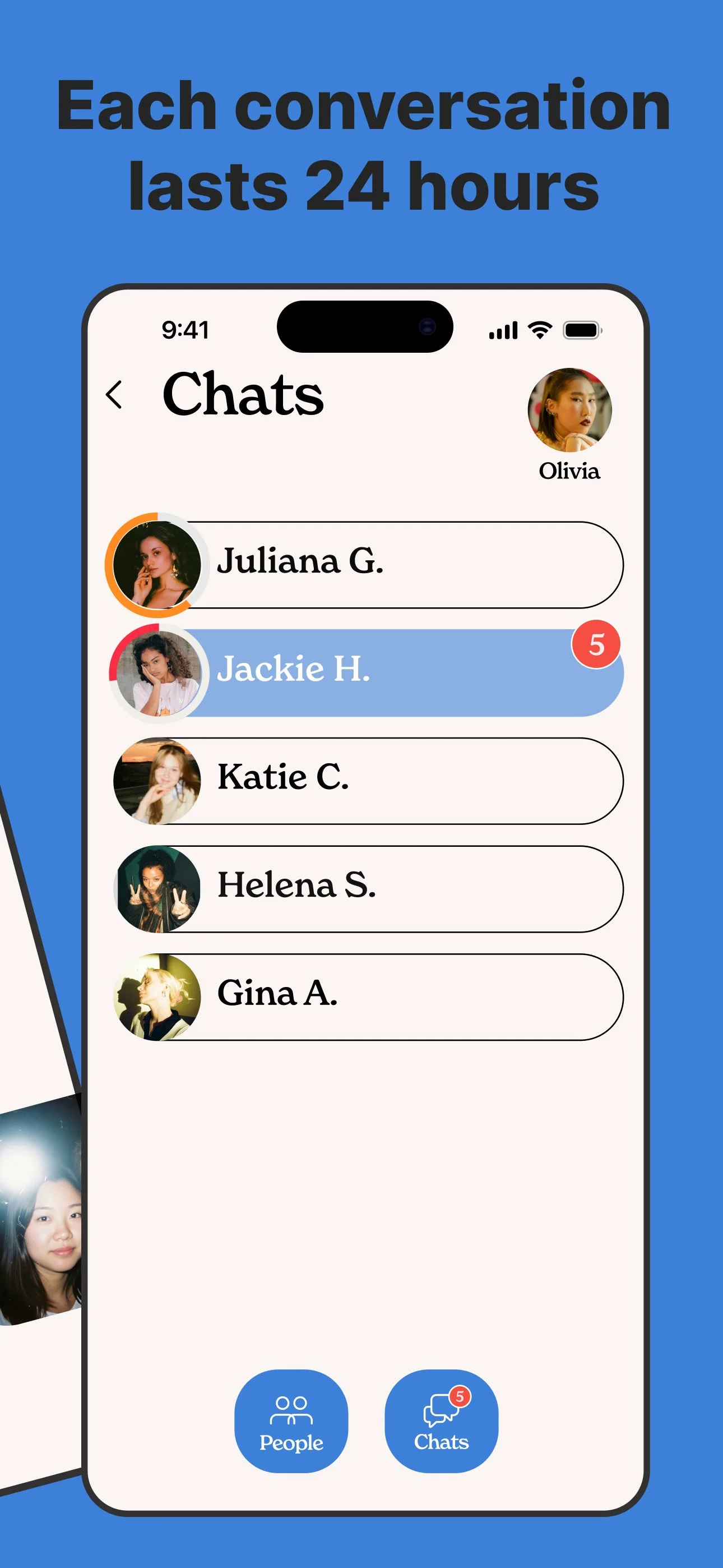 Smartphone screen showing a messaging app with a list of chat contacts, some with profile pictures, and a notification badge indicating five unread messages. The background is blue with text at the top stating 'Each conversation lasts 24 hours.'