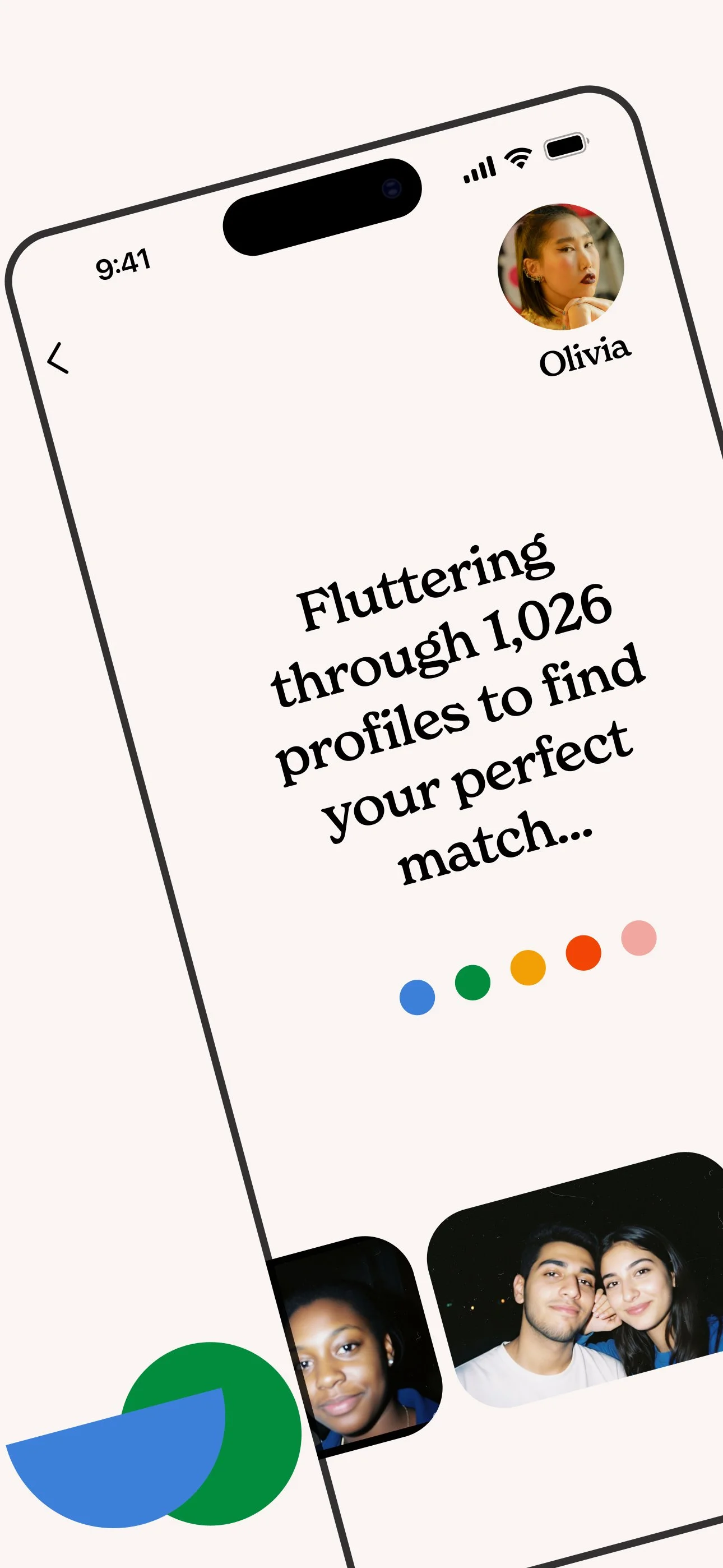 A smartphone screen displaying a dating app with a profile of Olivia and text about browsing profiles to find a match, accompanied by three profile pictures at the bottom and colored circle icons.