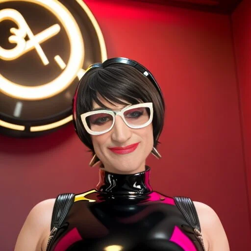 Person with a bob haircut wearing white-framed glasses and a futuristic black outfit, standing in front of a neon-lit wall with a circular design.