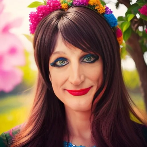 Person with long brown hair and colorful flower crown, wearing makeup, smiling outdoor with a floral background.