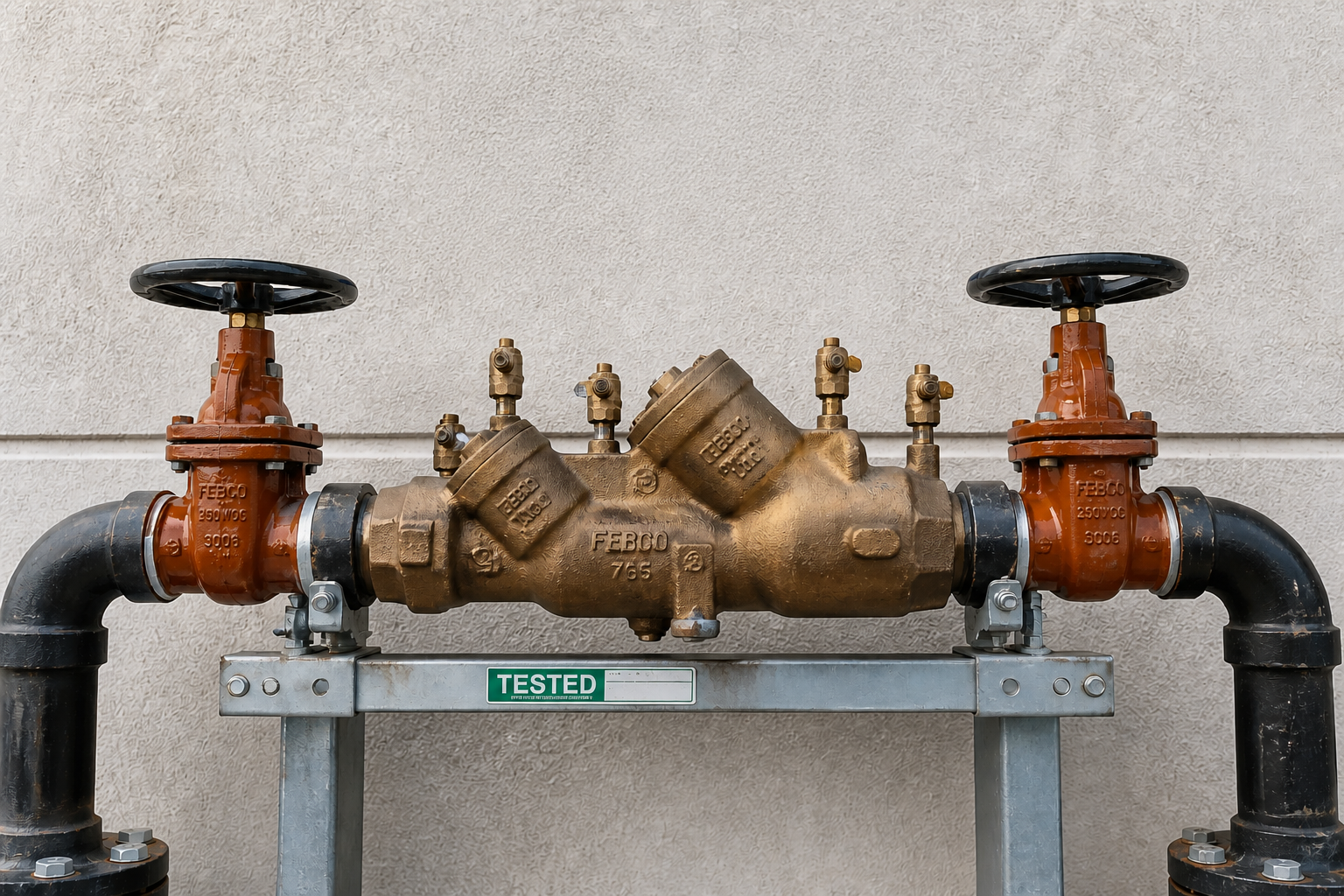 An outdoor testing station for a large valve system, with the word 'TESTED' on a green label, against a beige wall.