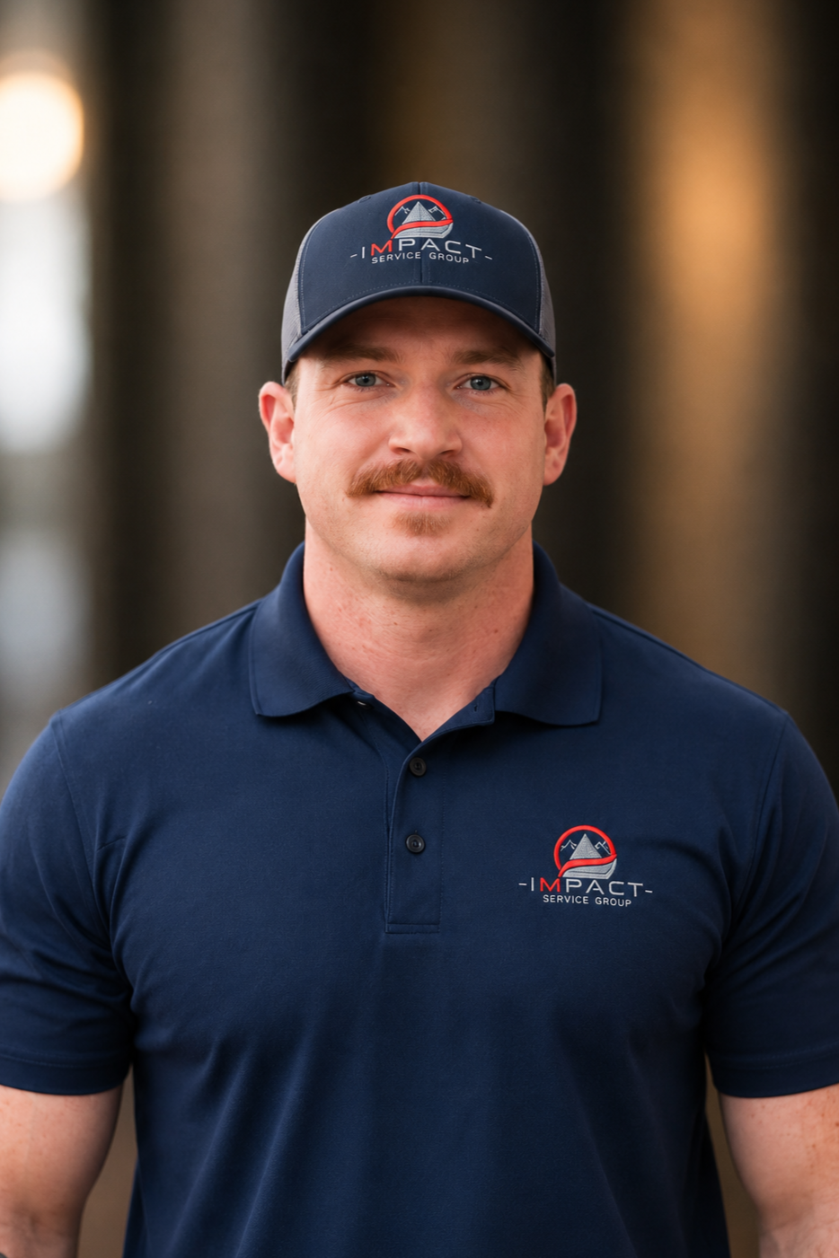 A man with a mustache and short hair wearing a navy polo shirt and a cap, both with the ImPACT Service Group logo, standing outside with brick buildings in the background.