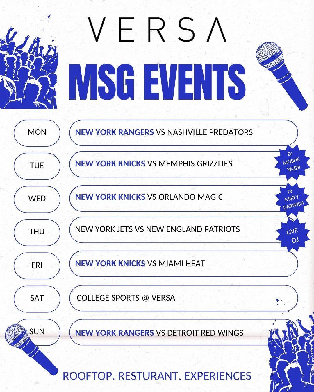 Hockey and basketball fans, this week at MSG is for you!

With the Knicks and Rangers taking over the arena, Versa is your go-to spot for pre-game eats, drinks, and the perfect game day energy🏀 🏒 

🔷  Happy Hour 4-6pm
🔴 Game Day specials all week