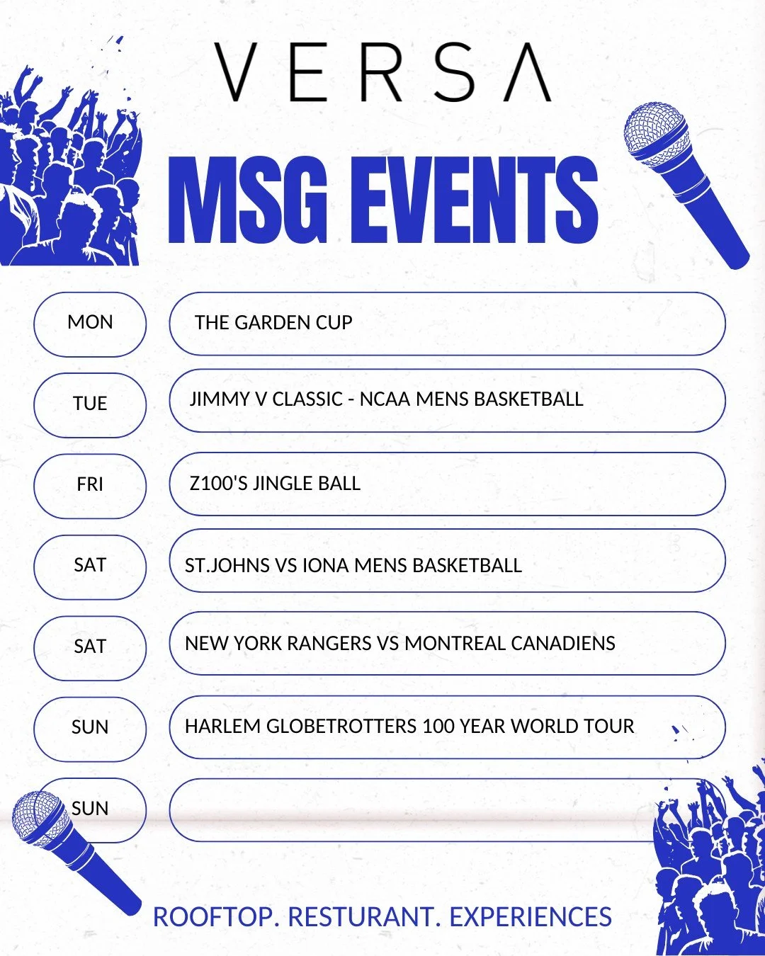 Game nights to Jingle Ball lights

MSG is alive with games all week but the real party kicks off at Z100&rsquo;s Jingle Ball. Stop by VERSA first for food, drinks, and the ultimate pre-show vibe!