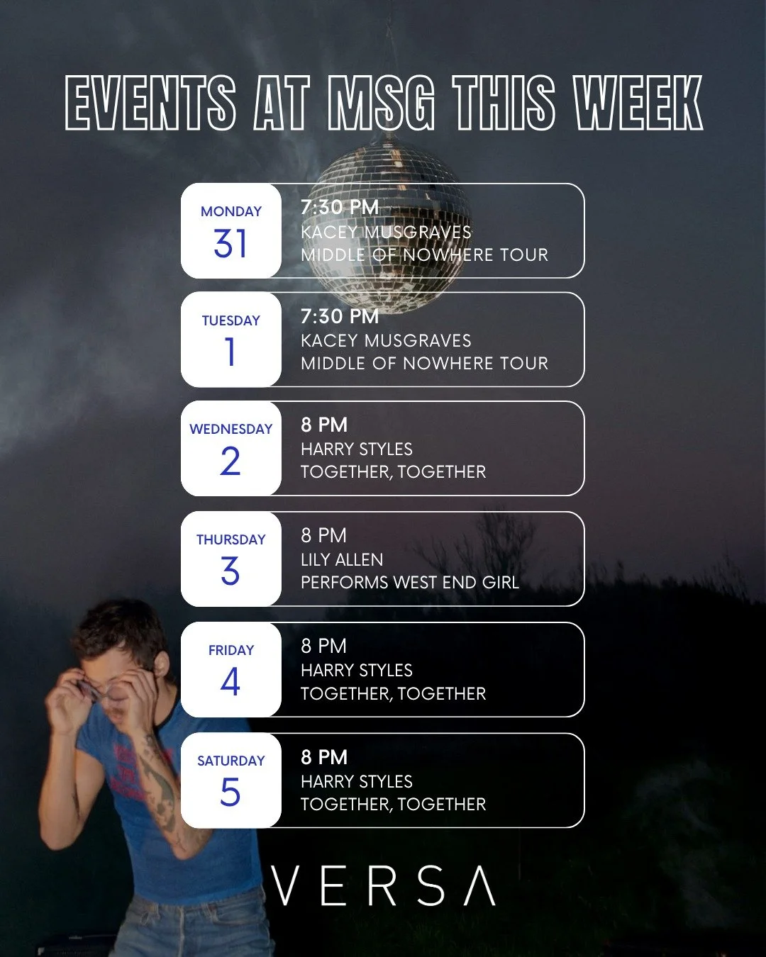 Harry Styles continues his impressive run at MSG, but Kacey Musgraves and Lily Allen also have performances at The Garden this week! 

Come to Versa for all your pre- and post-concert food and drinks. Click the link in bio to make a reservation, or w