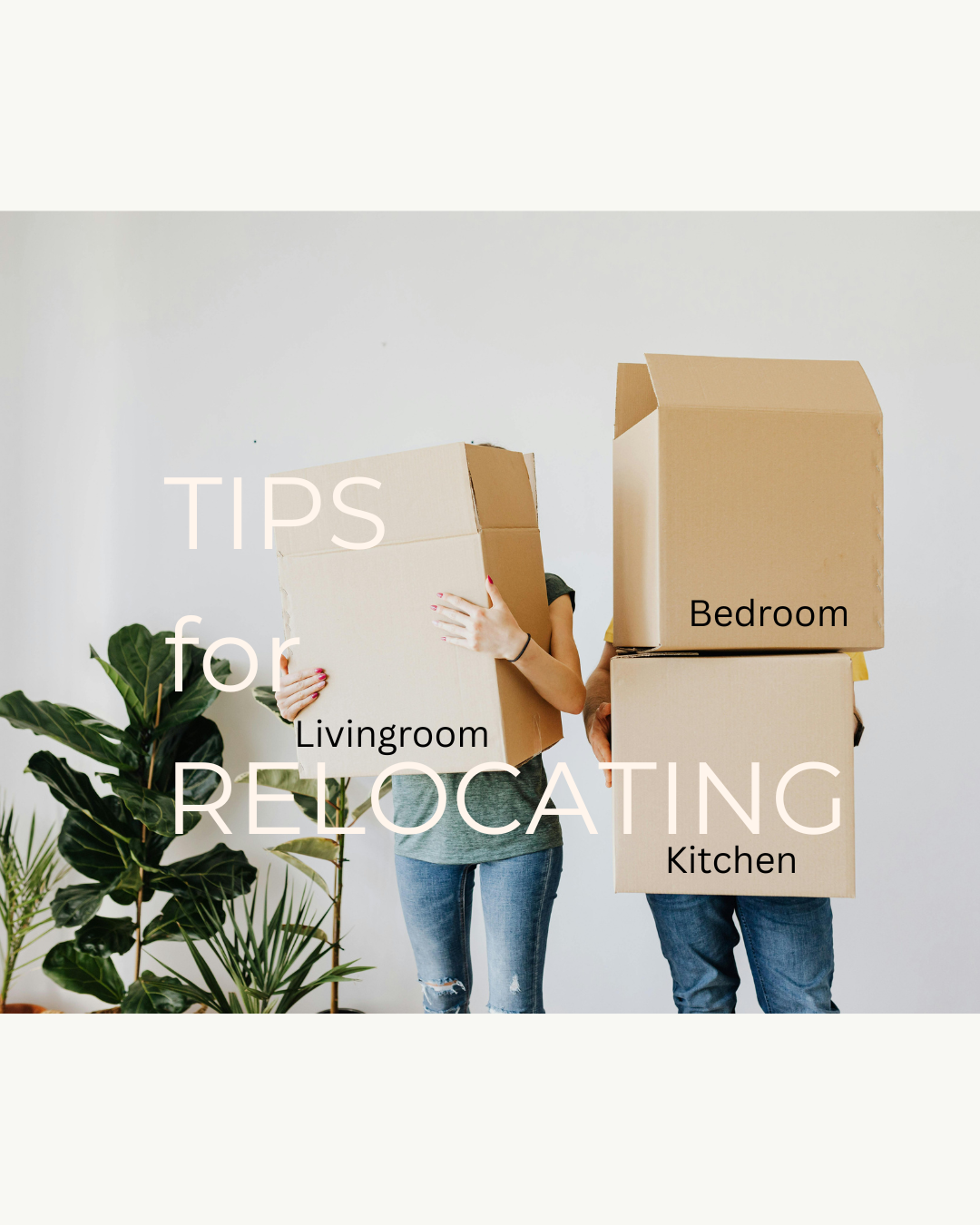 Two people carrying moving boxes labeled 'Livingroom,' 'Bedroom,' and 'Kitchen' in a room with houseplants, with overlaid text 'Tips for Relocating'.