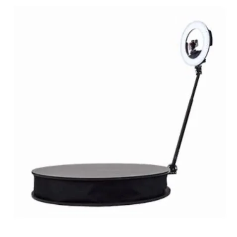 A ring light with a smartphone holder and a black adjustable stand.