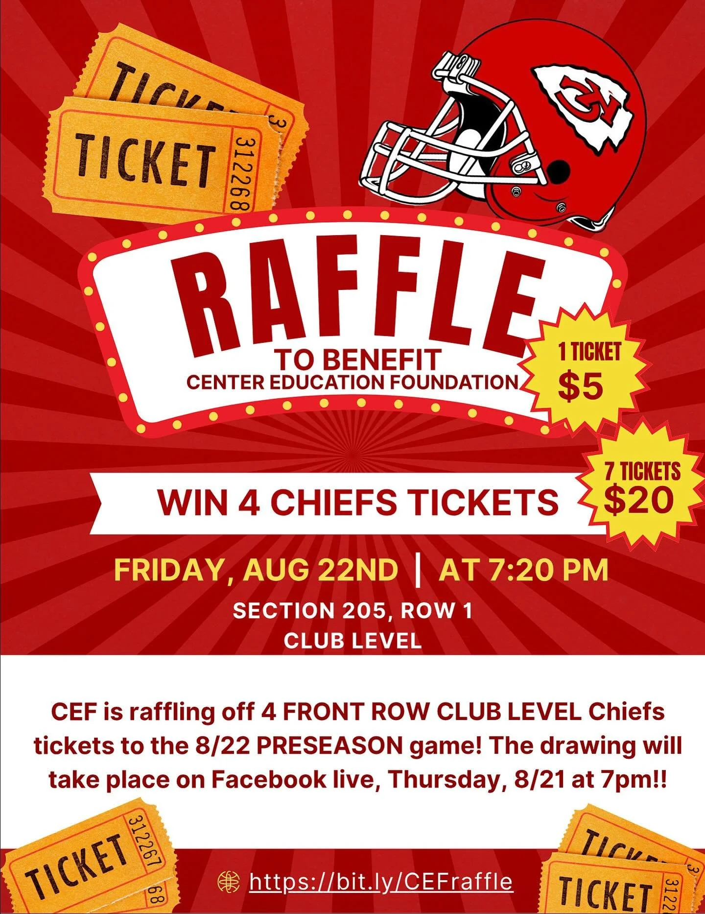 🚨 LAST CHANCE! JUST 5 HOURS LEFT!!🚨

Tonight&rsquo;s the night &mdash; we draw the winner of 4 Chiefs Club Level tickets + a Gold Parking Pass 🎉 and we are just $355 away from our goal!

👉 Tickets are just $5 each OR 7 for $20.

Here&rsquo;s the 