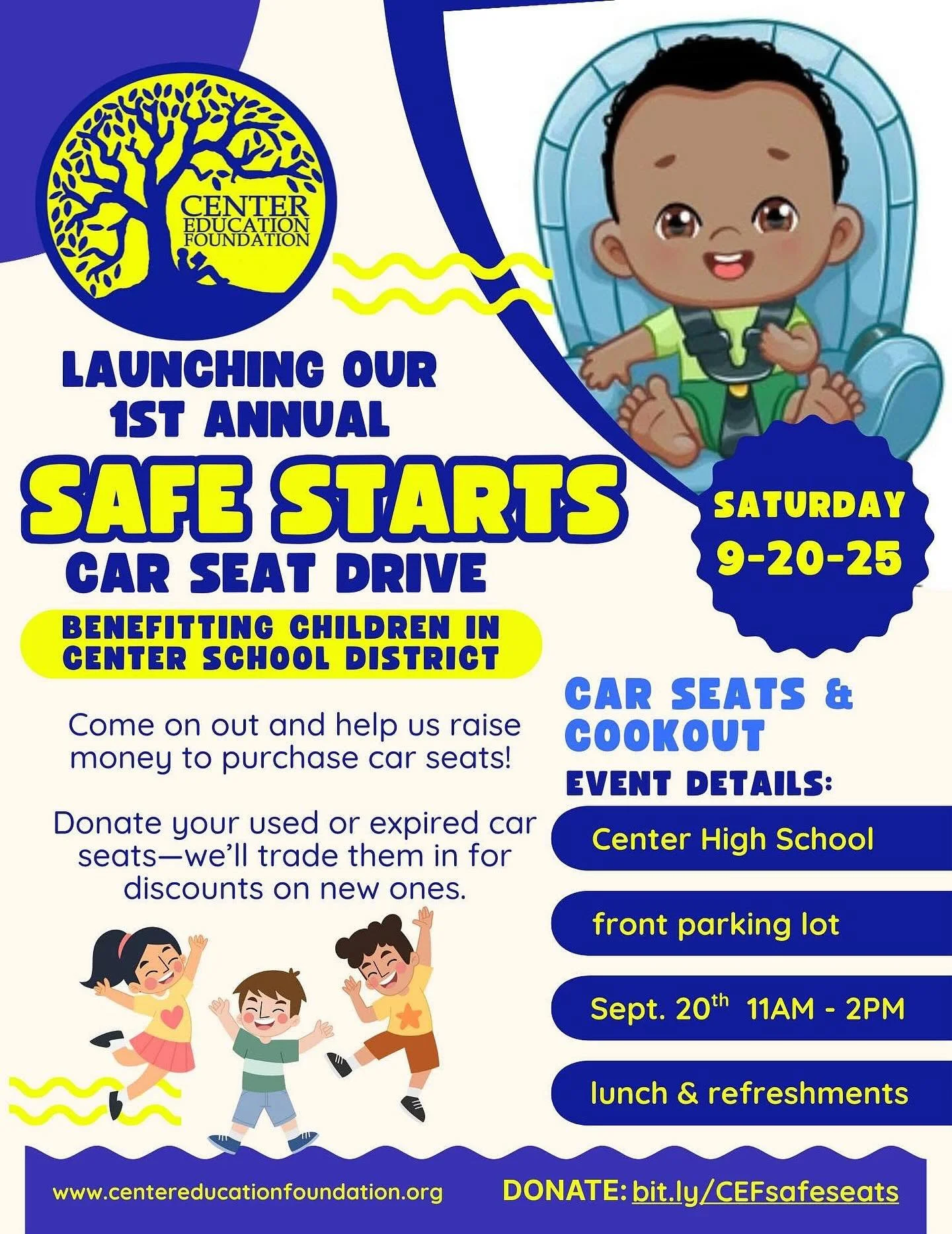 📣 THIS SATURDAY! Safe Seats Car Seat Drive + Cookout 🔥
Join us at Center High School from 11AM&ndash;2PM for a family-friendly cookout with a mission: saving children&rsquo;s lives.
We&rsquo;re collecting:
✔️ Used or expired car seats (we&rsquo;ll 