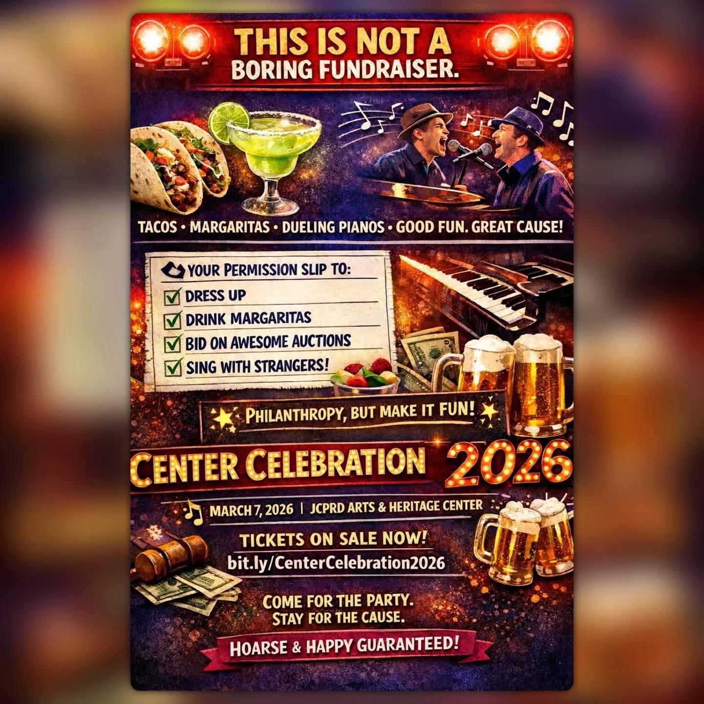 🚨 This is not a drill. Or a boring fundraiser post. 🚨

If you:
Like tacos 🌮
Like margaritas🍹
Like yelling song requests at dueling pianos 🎹
Like supporting public schools without sitting through something painfully awkward✏️

&hellip;then Center