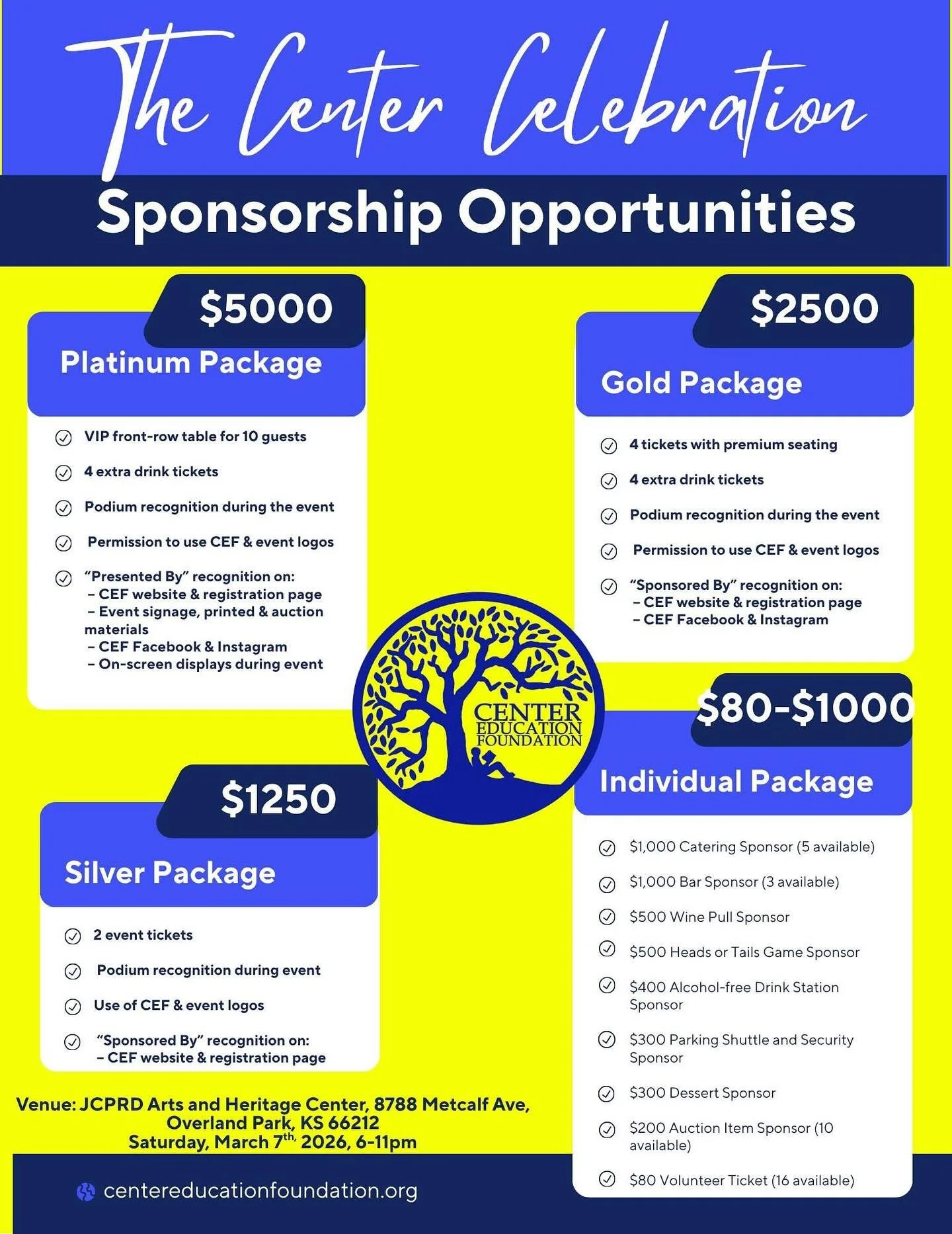 🎉 Calling All Center Supporters! 🎉

The Center Celebration Gala is coming up on Saturday, March 7, 2026, and we&rsquo;re looking for amazing community sponsors to help make this the biggest and best event yet! 🌟

This elegant evening at the JCPRD 