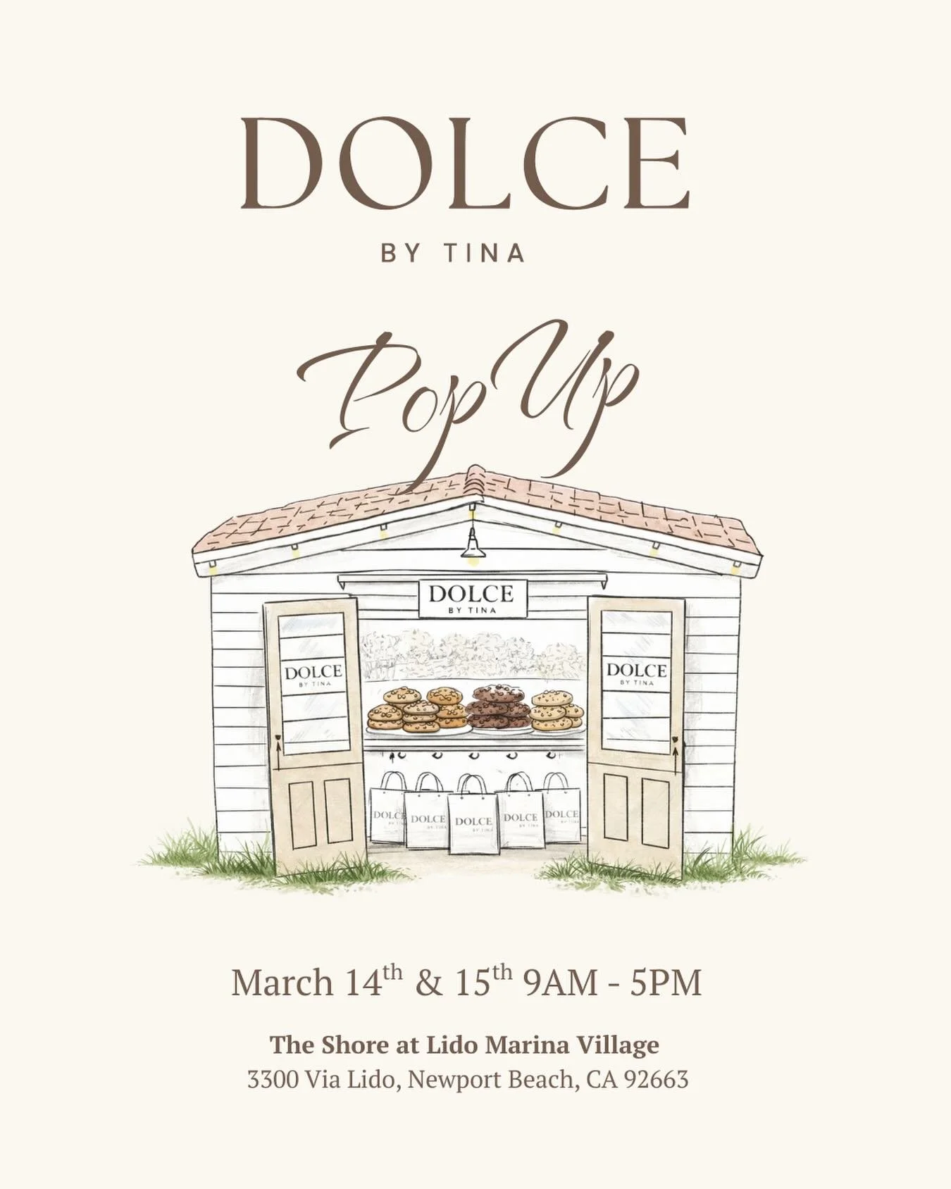 Our very first pop up is this Saturday and Sunday from 9 AM to 5 PM. Come to The Shore at Lido Marina Village for the perfect beachside cookie experience. See you there! 

#popupevent #lidomarinavillage #cookies #popup #dolcebytina