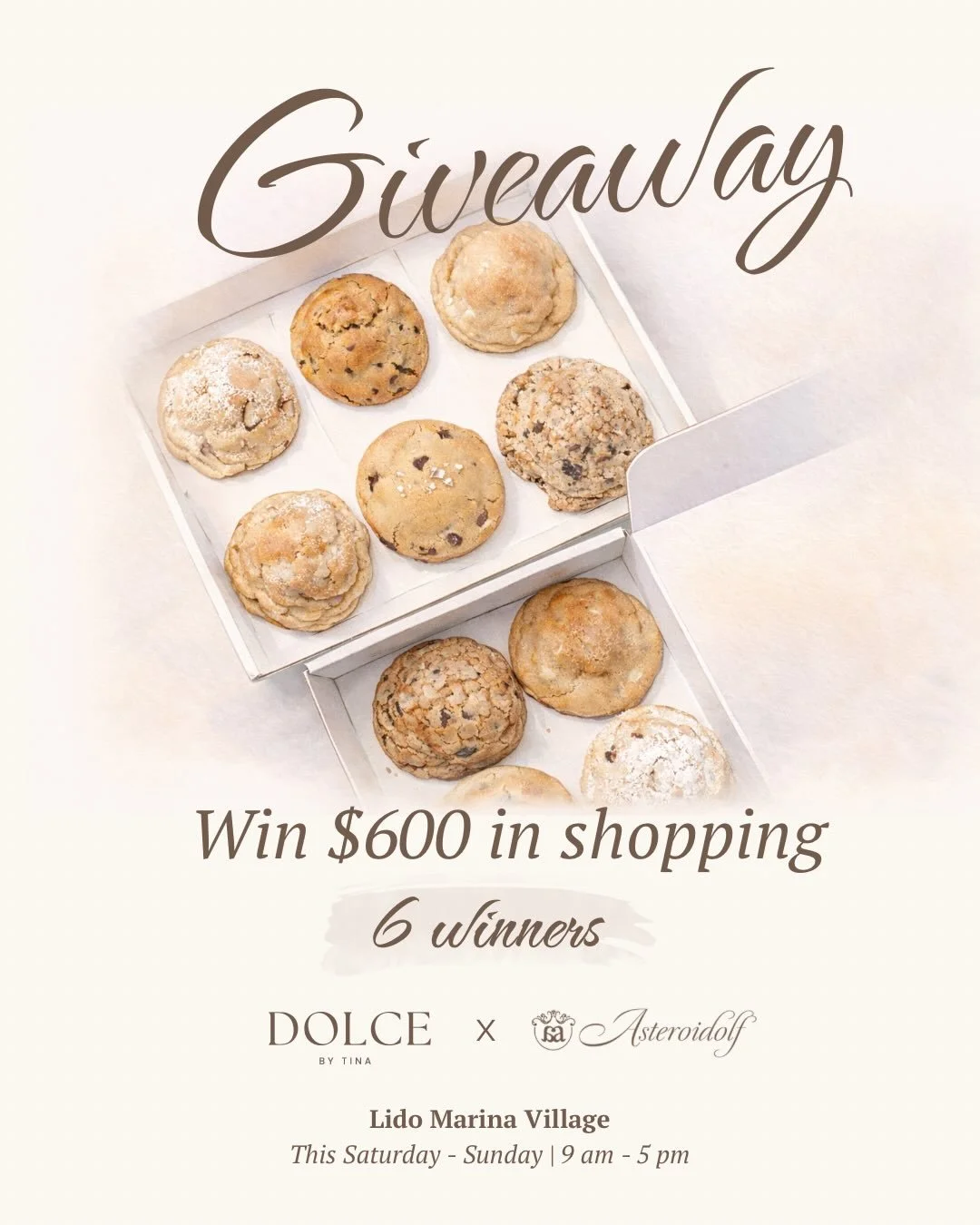 Giveaway time! 🍪

To celebrate our first-ever pop-up at @theshoreatlidomarinavillage this weekend, we&rsquo;re teaming up with @asteroidolf to give away $600 total in luxury golfwear and gourmet cookie boxes!

6 winners will receive a $50 Dolce by T