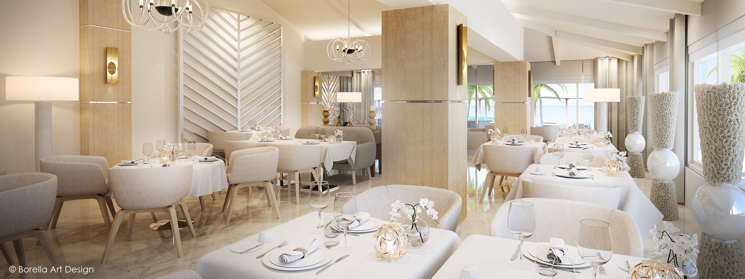 Intérieur d'un restaurant élégant avec des tables bien dressées, des chaises confortables, une décoration moderne et des grandes fenêtres donnant sur une vue extérieure.
