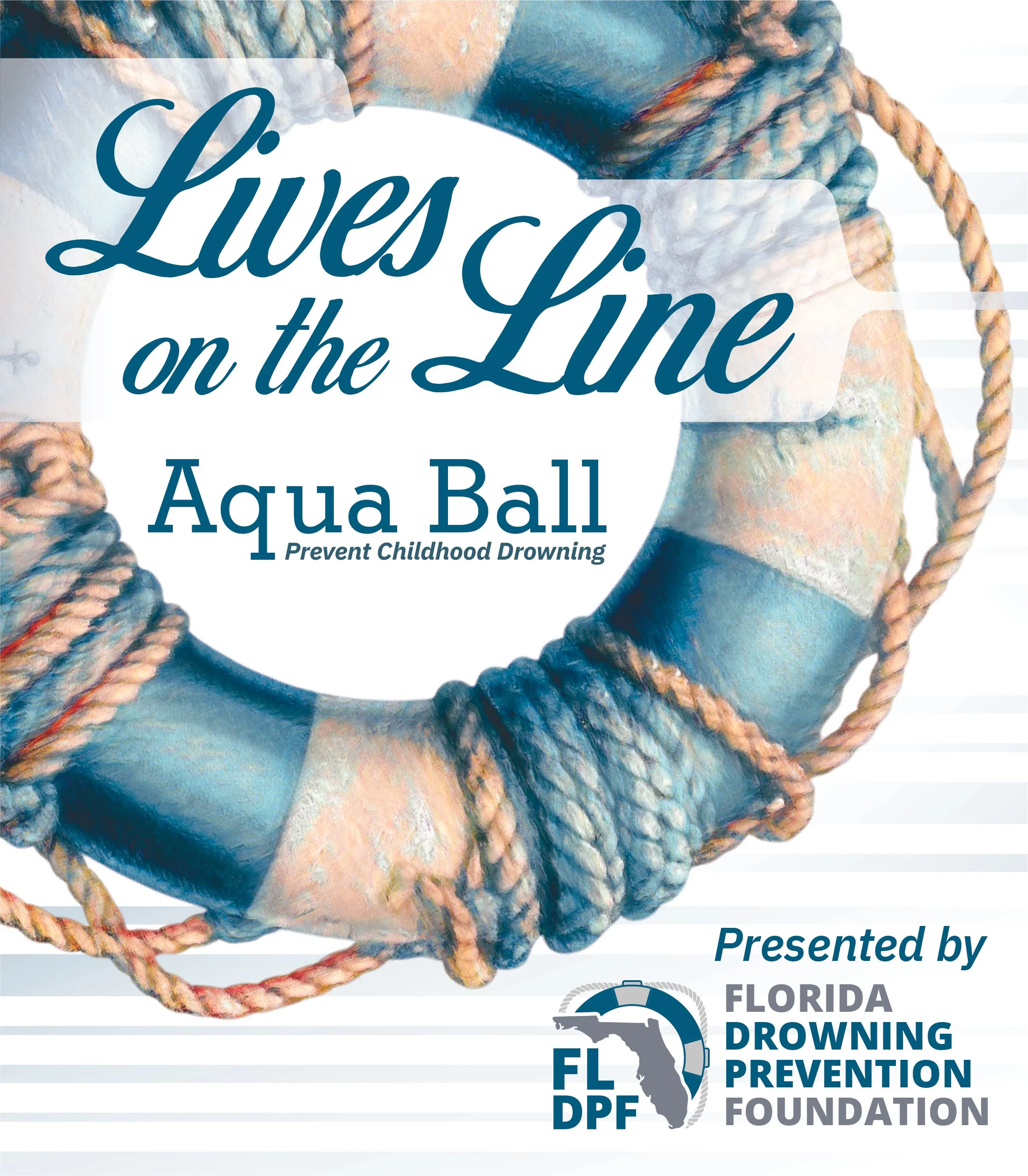 A life-saving aqua ball lifebuoy with ropes, promoting childhood drowning prevention, sponsored by the Florida Drowning Prevention Foundation.