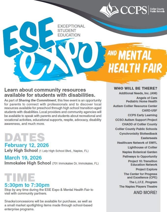 Flyer for CCPS ESE Expo and Mental Health Fair with event dates, locations, and list of community resources and organizations involved.