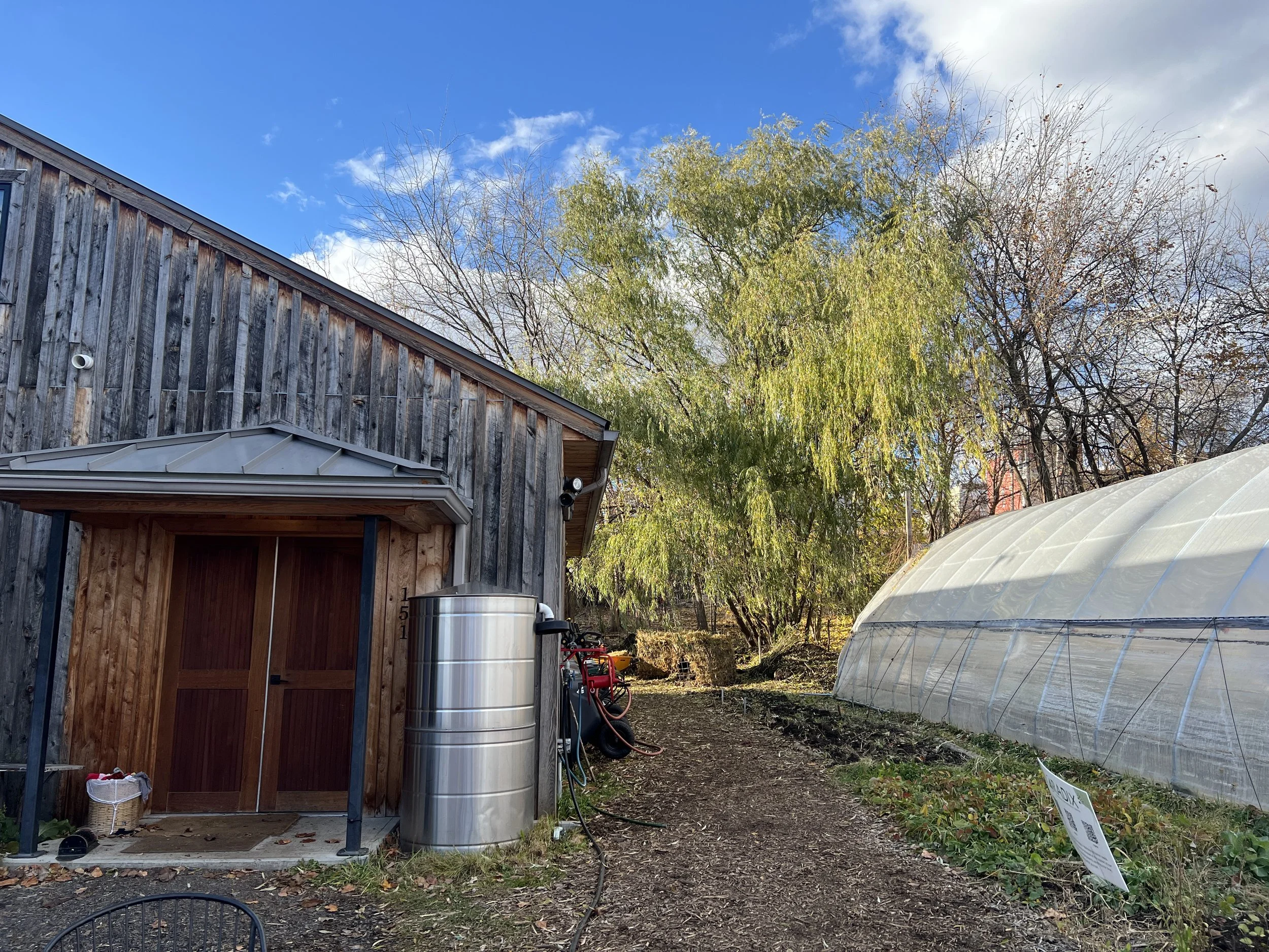 A rural scene with a wooden shed, a greenhouse, and trees with fall foliage under a partly cloudy sky.