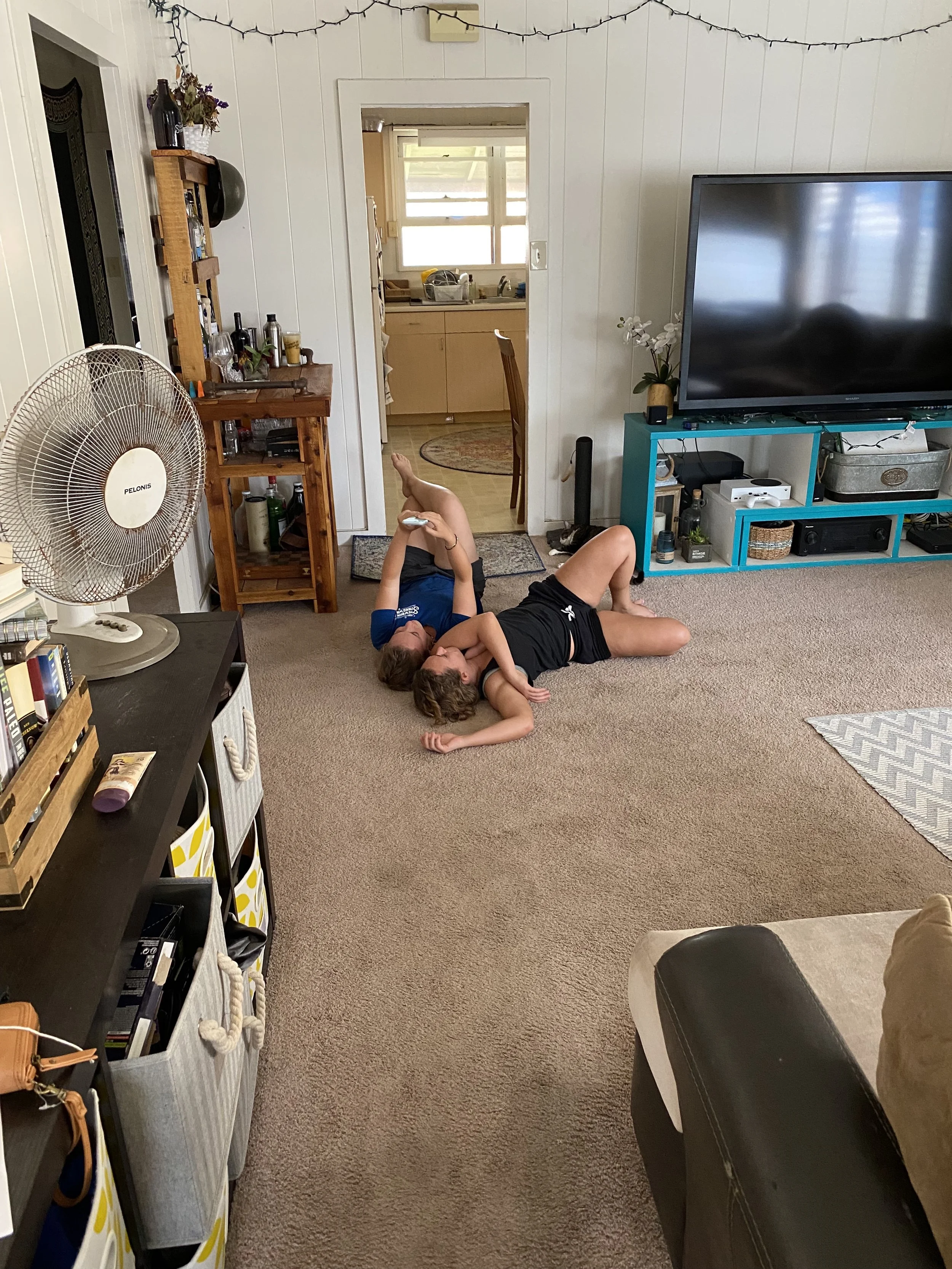 Two children lying on the carpeted living room floor, engaging with a phone. The room has a large flat-screen TV, a blue TV stand, and various household items and furniture.