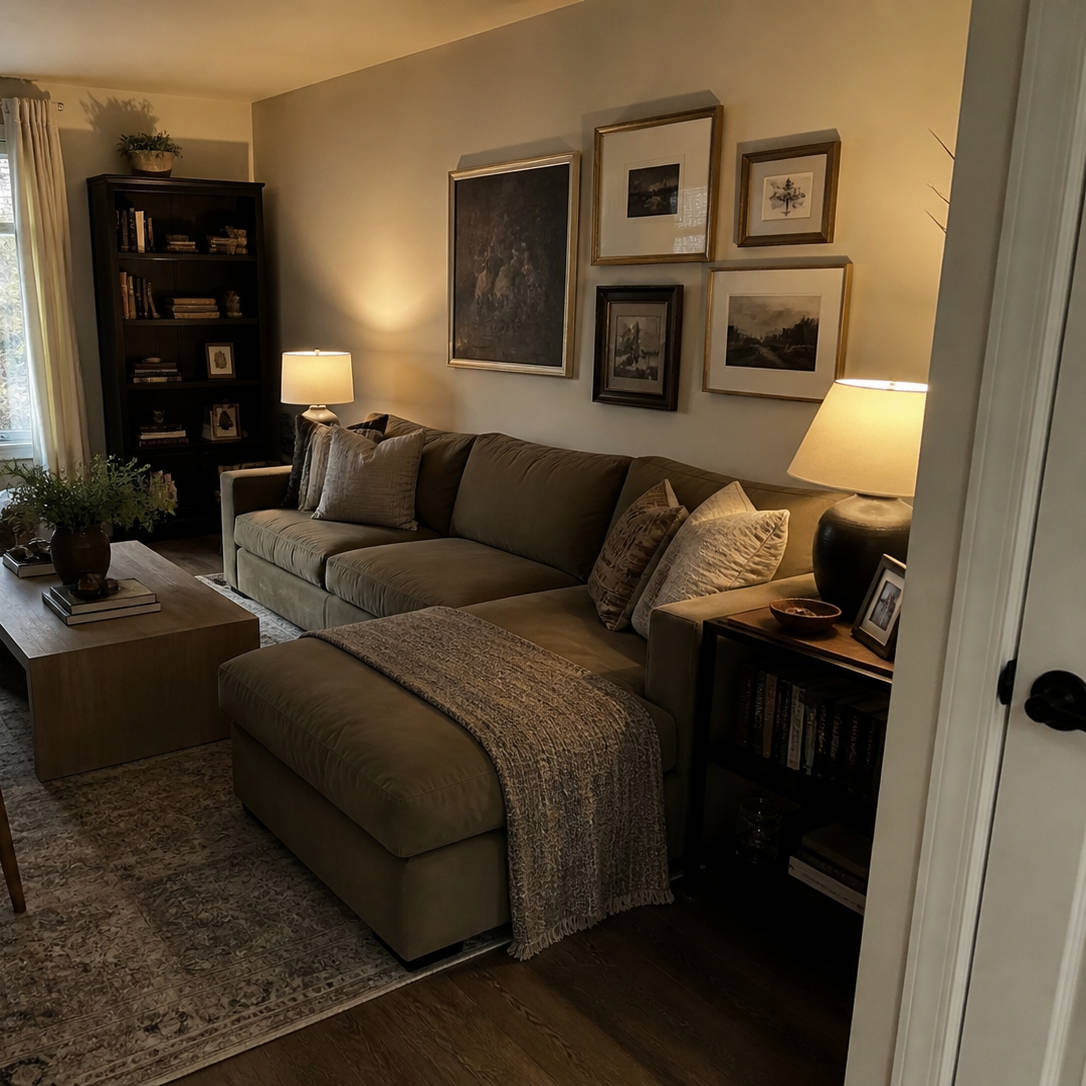 A cozy living room with a beige sectional sofa decorated with throw pillows, dark wood side tables with lamps, a wooden coffee table with books and a plant, a dark bookshelf filled with books, and a gallery wall of framed artwork on the wall.