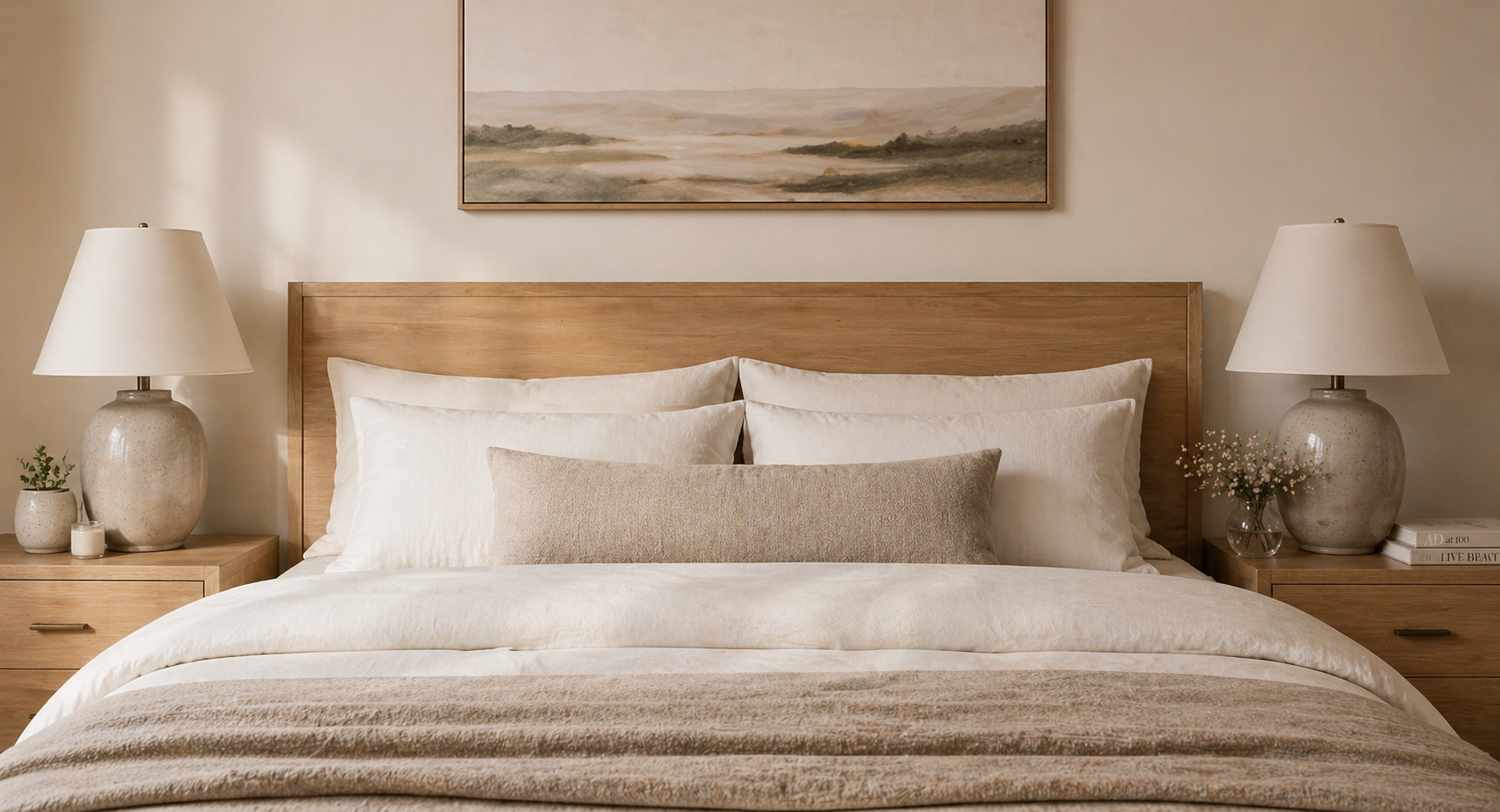 A neatly made bed with white and beige pillows in a bedroom with beige walls, wooden nightstands with lamps, and a landscape painting above the headboard.
