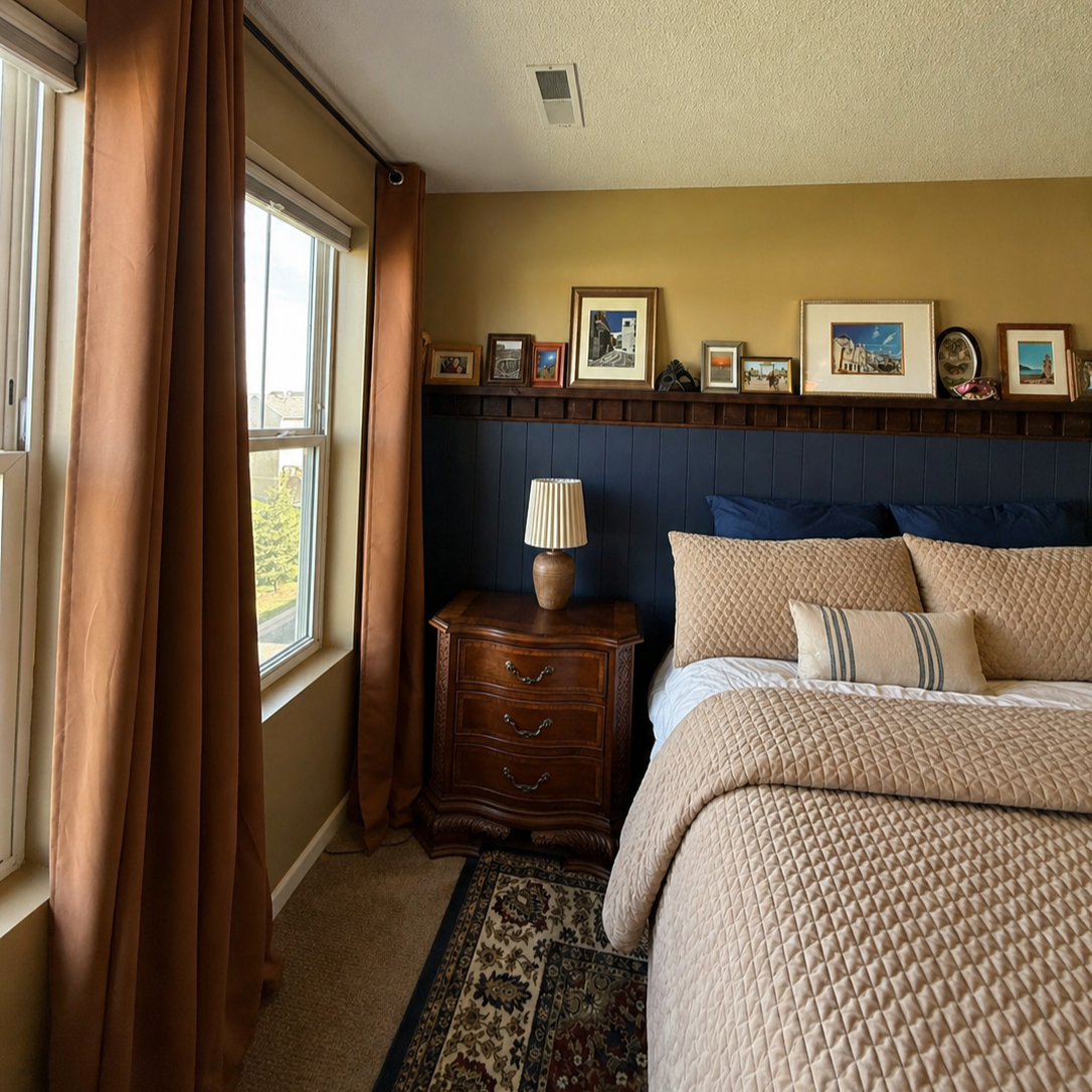 A cozy bedroom corner with a window, beige curtains, a wooden nightstand with a table lamp, a bed with beige quilted bedding, and a dark blue headboard with framed pictures and artwork above.