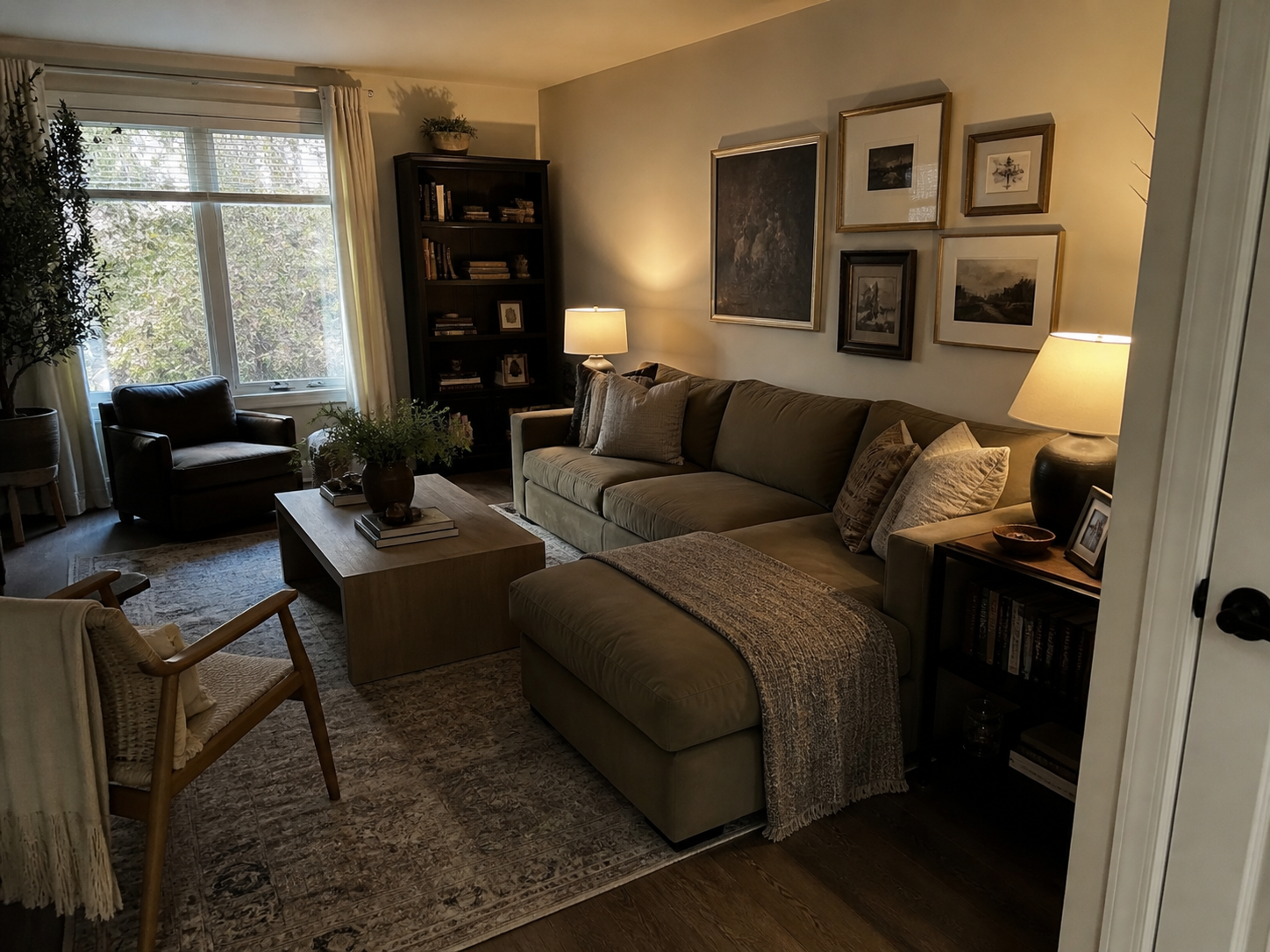 Cozy living room with a large beige sofa adorned with throw pillows, a wooden coffee table with a potted plant and books, a black armchair near a window with white curtains, a dark wooden bookcase filled with books, and framed art on the wall, illuminated by two table lamps.
