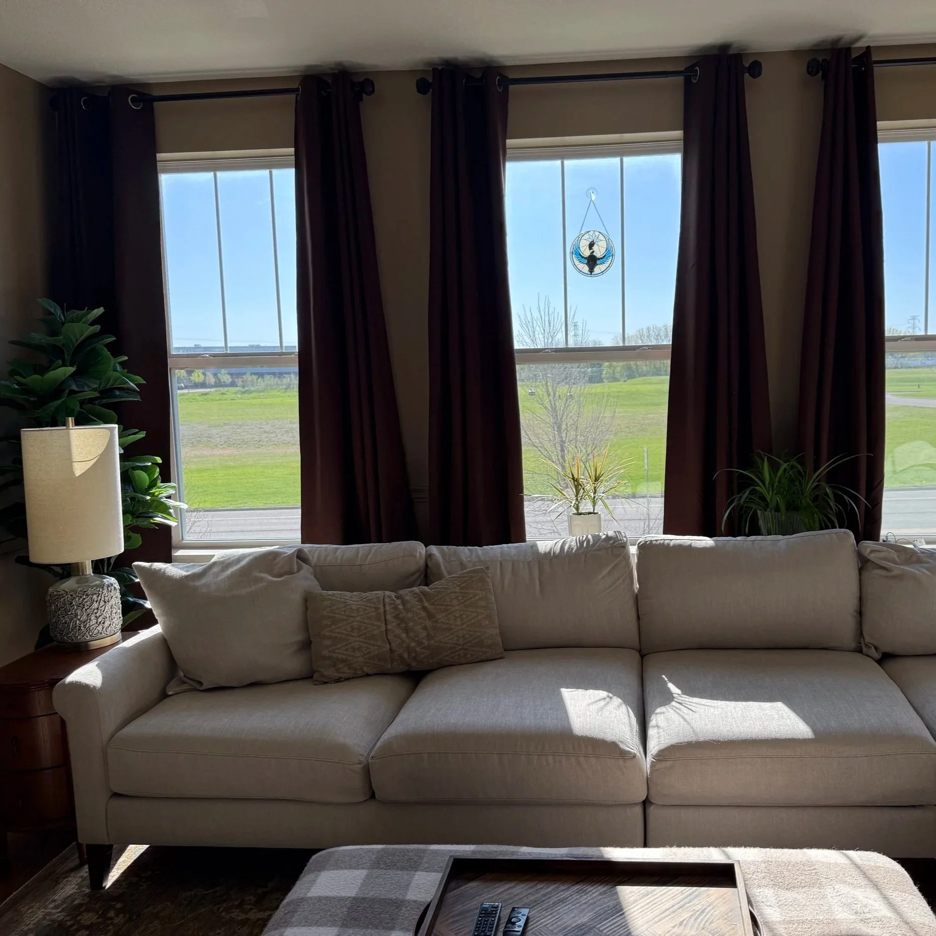 Living room with a beige sofa, pillows, a wooden side table with a lamp, a large green potted plant, three windows with dark red curtains, and a view of a grassy field and trees outside.