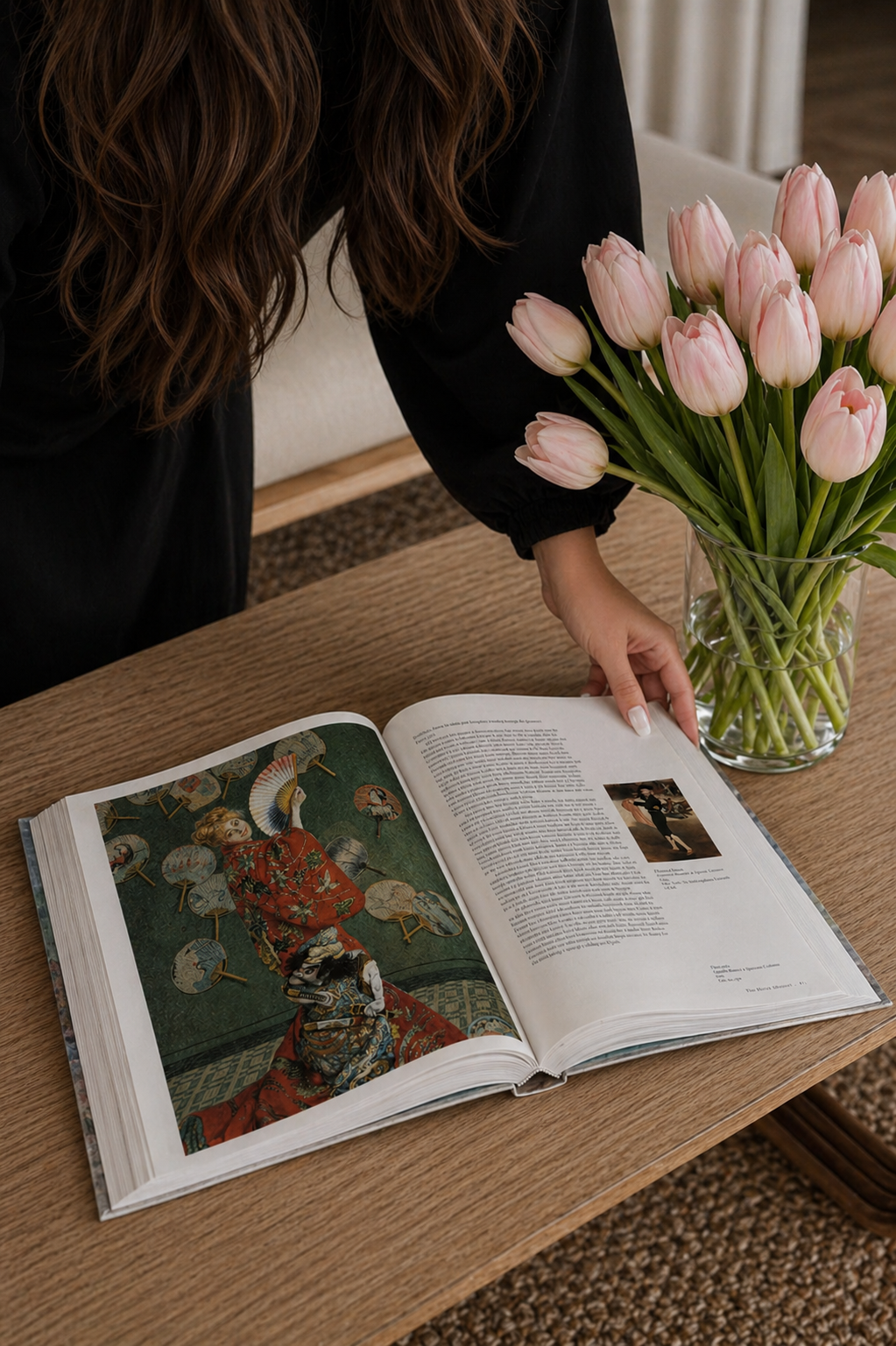 A person with long brown hair in a black outfit is arranging a large bouquet of pink tulips in a glass vase on a wooden table. An open art book featuring traditional Asian artwork and a photograph of a dancer is also on the table.