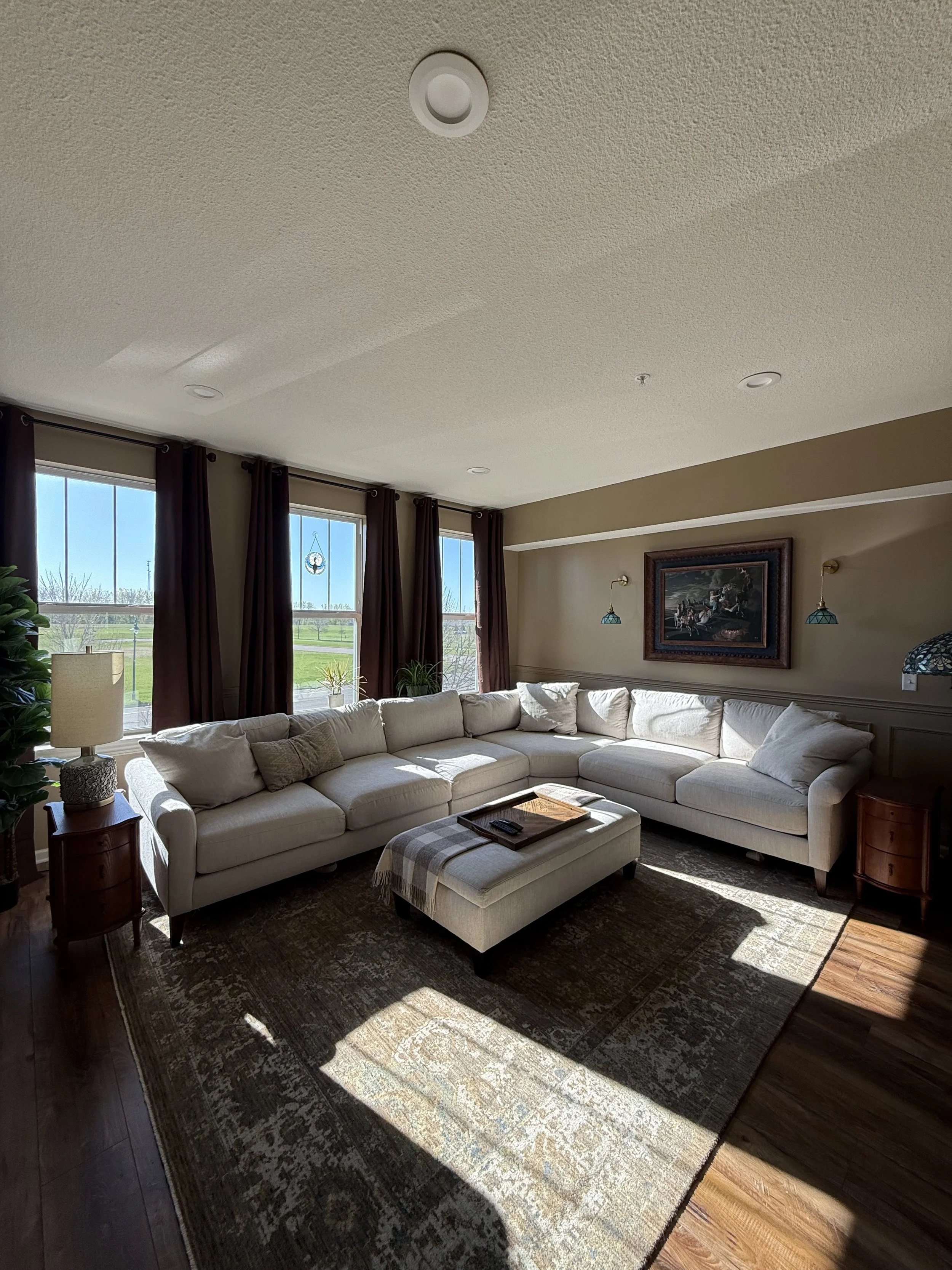 Living room with large white sectional sofa, dark curtains on windows, framed painting on beige wall, table lamp, plants, and area rug with patterned design, sunlight casting over hardwood floor.