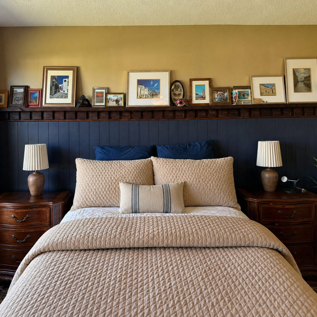 A neatly made bed with beige quilted bedding and multiple pillows in front of a dark blue headboard with a picture frame and decorative items above it, flanked by wooden nightstands with lamps.