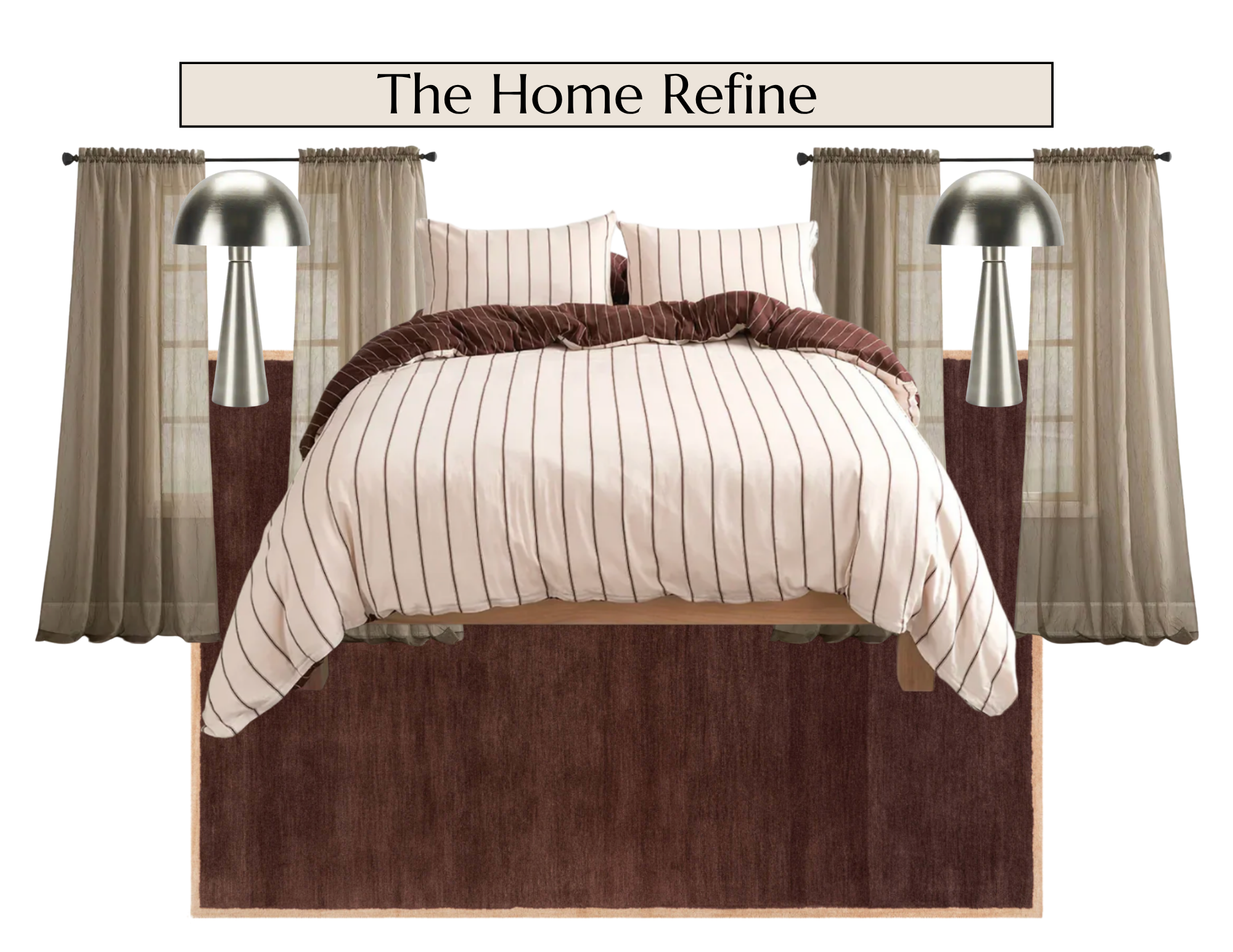 A bedroom with a bed, striped bedding, curtains, two modern lamps on either side, and a brown area rug.