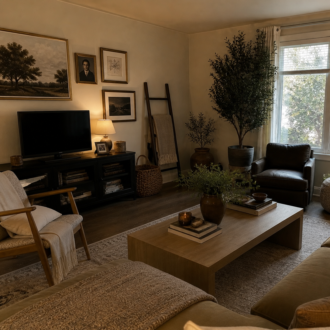 A cozy living room with a coffee table, armchairs, a TV, a lamp, framed pictures on the wall, potted plants, and sunlight coming through a window.