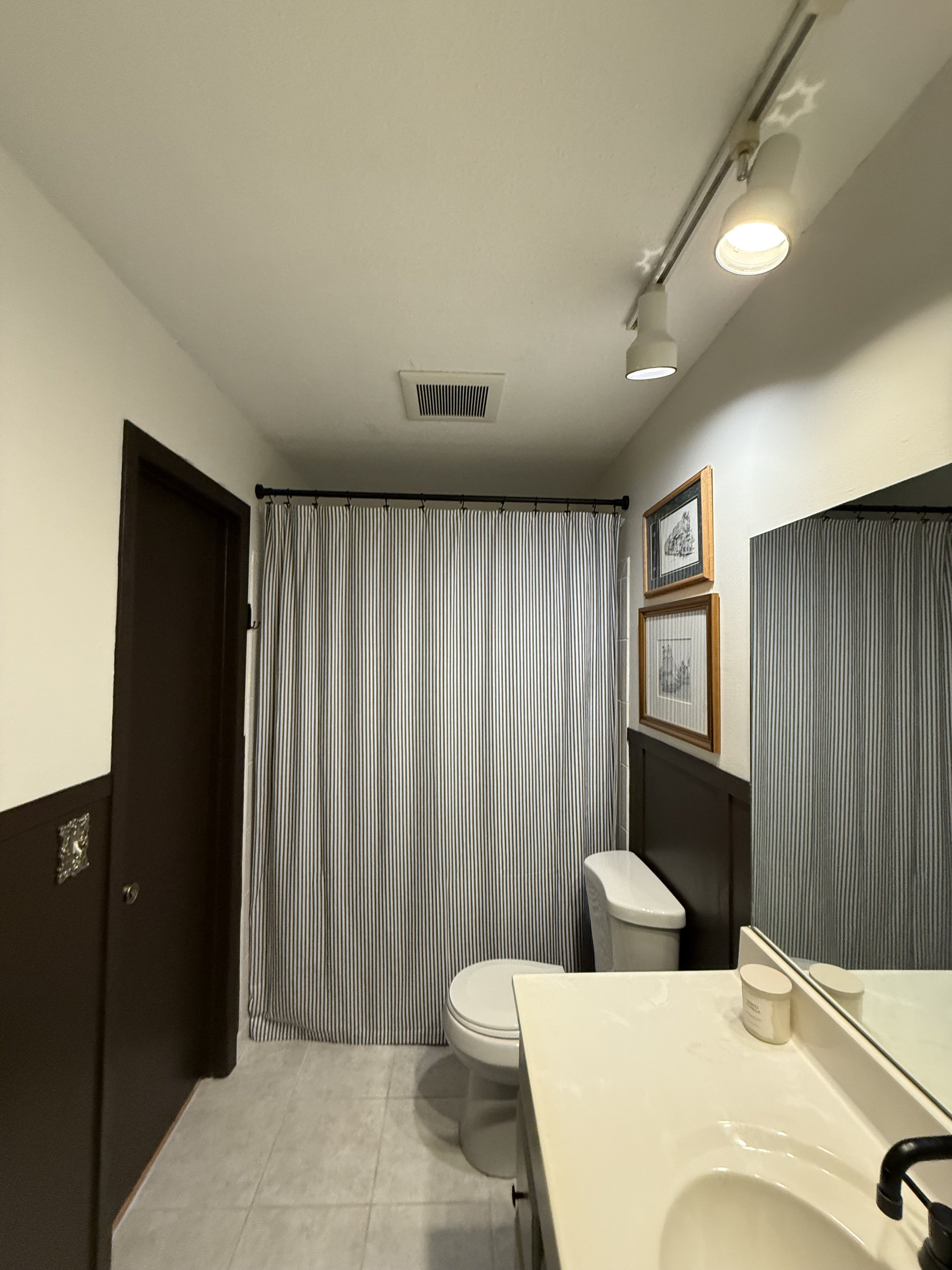 Bathroom with shower curtain, toilet, sink, mirror, framed pictures on wall, ceiling light fixtures, door, and vent on ceiling.