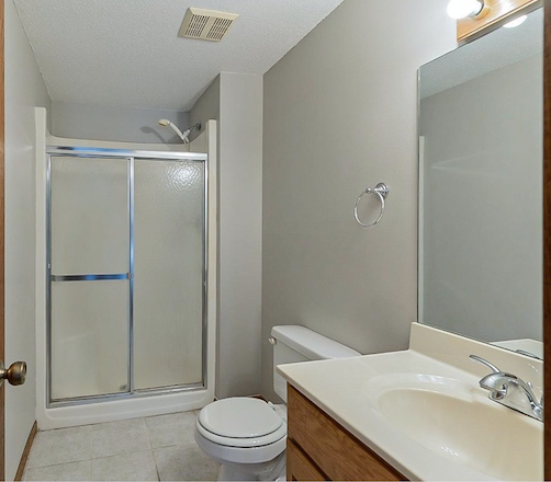 Bathroom with a shower stall, toilet, and sink with a mirror
