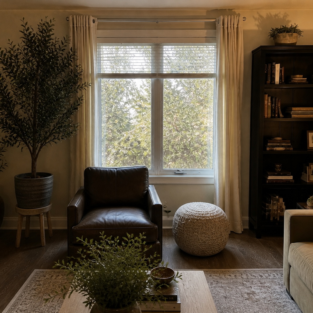Living room with large window covered by white curtains, a leather armchair, a round woven ottoman, a tall potted plant, a black bookshelf filled with books, and a coffee table with a plant and books.