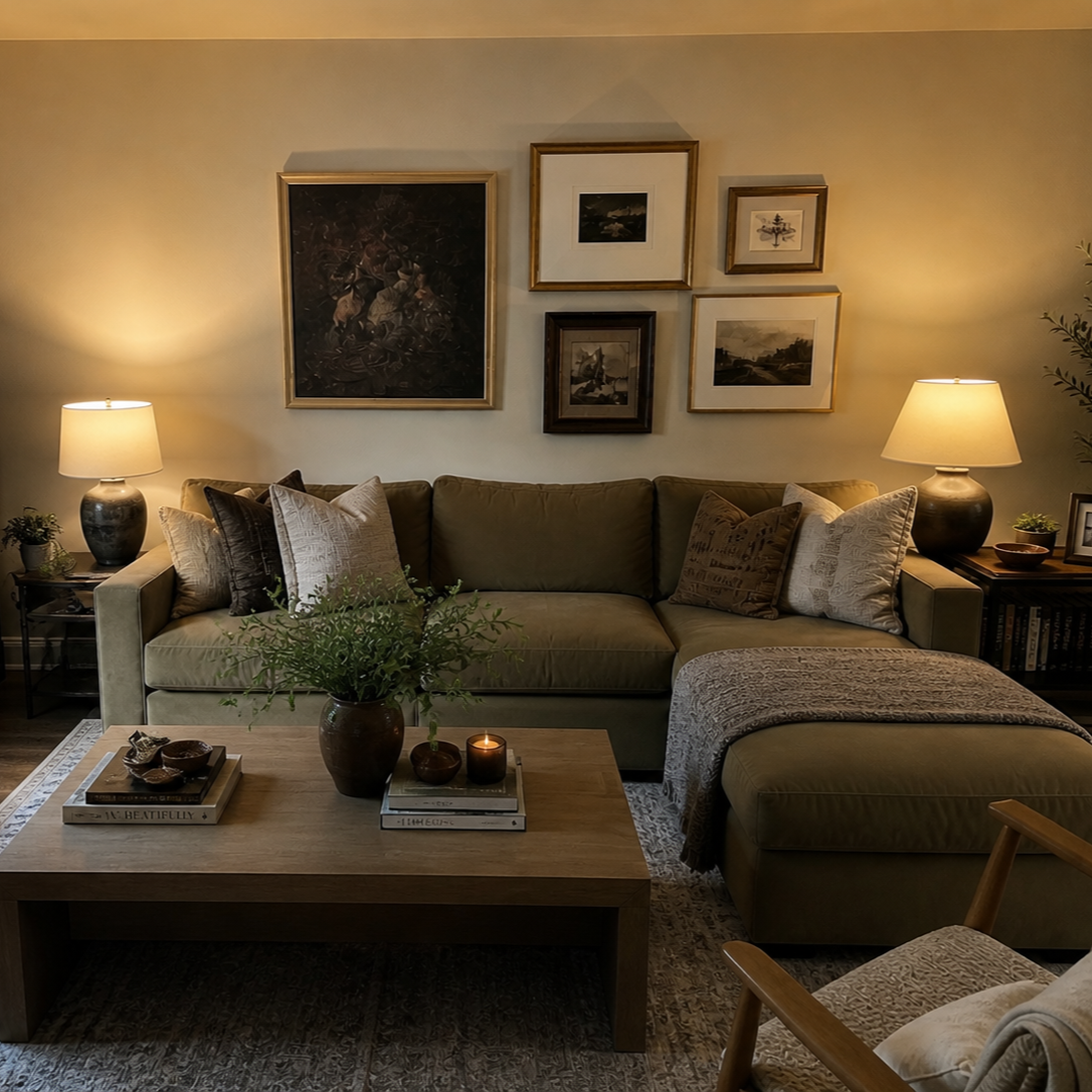 Living room with beige sectional sofa, multiple throw pillows, wooden coffee table with a vase and books, two table lamps on side tables, framed artwork on the wall, and a patterned rug.