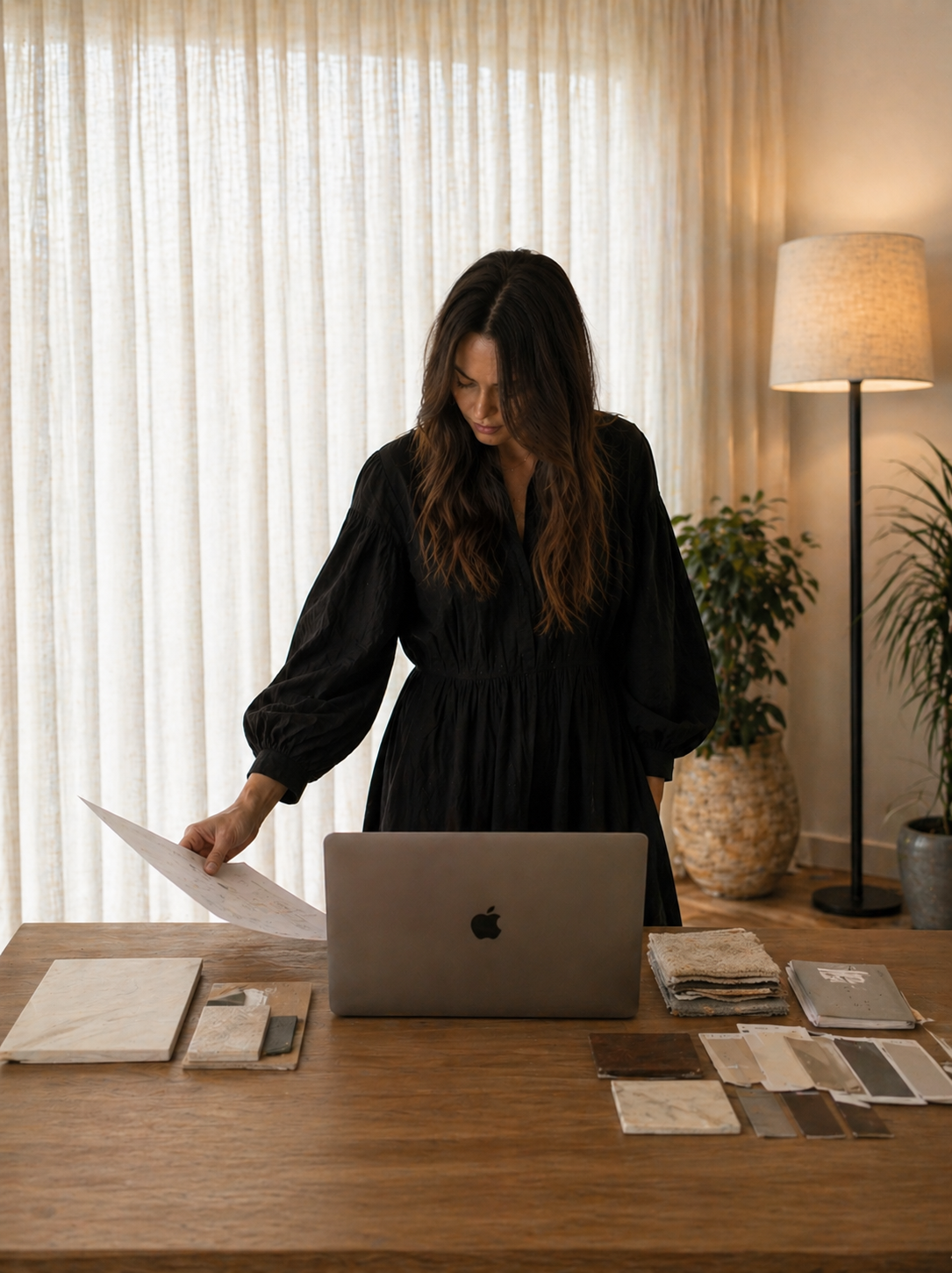 Woman in black dress reviewing material samples at a wooden table with a laptop, fabric swatches, and sample tiles, in a well-lit room with sheer curtains, potted plants, and a standing lamp.