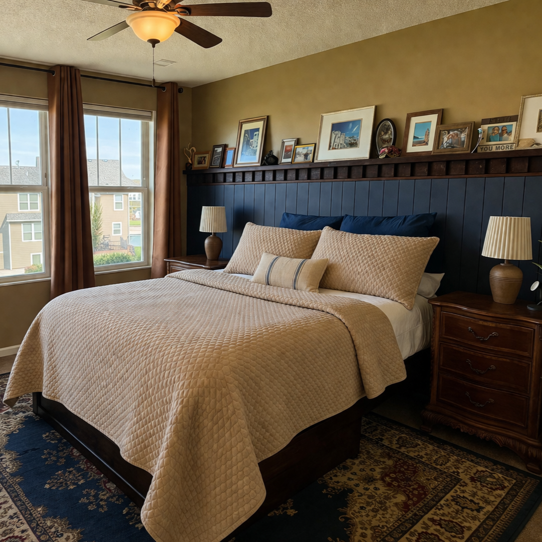 A cozy bedroom with a large bed covered in beige quilted bedspread and multiple pillows, dark wood nightstands with lamps, a shelf with framed photos and artwork above, large windows with brown curtains, and a ceiling fan.