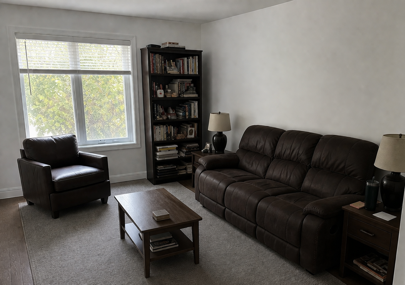 Living room with a leather armchair near a window, a large leather sofa, a bookshelf filled with books, two table lamps, a wooden coffee table, and a side table with a dark tumbler and a pink item.