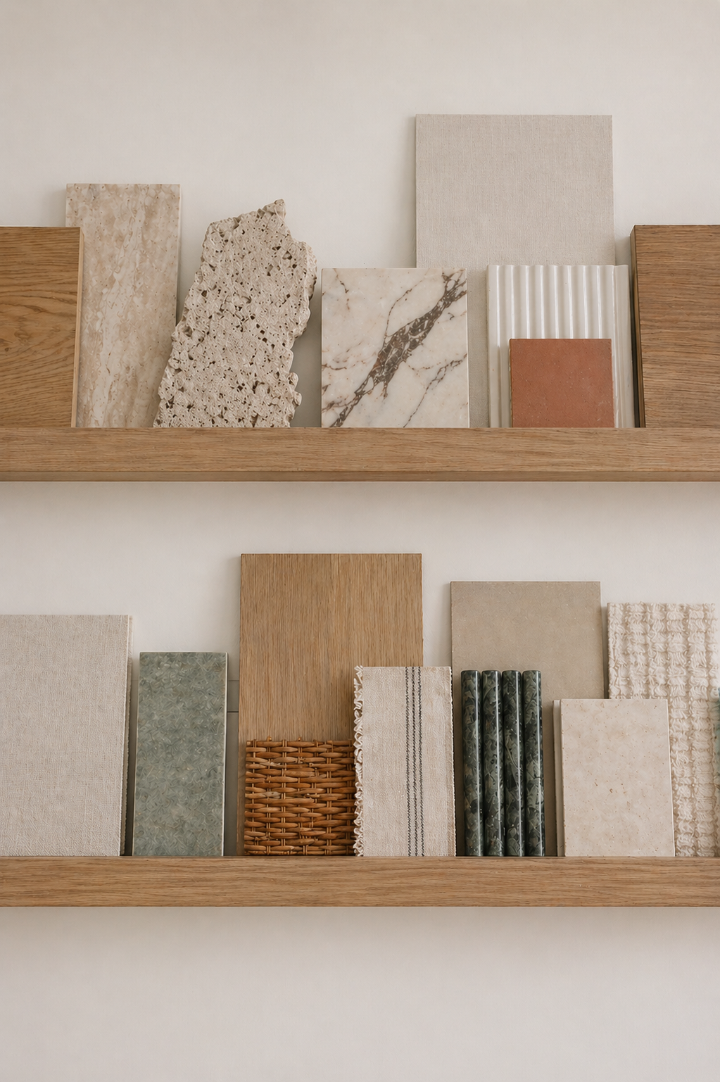 Display of various tile and material samples on wooden shelves, including marble, stone, ceramic, and tile options.