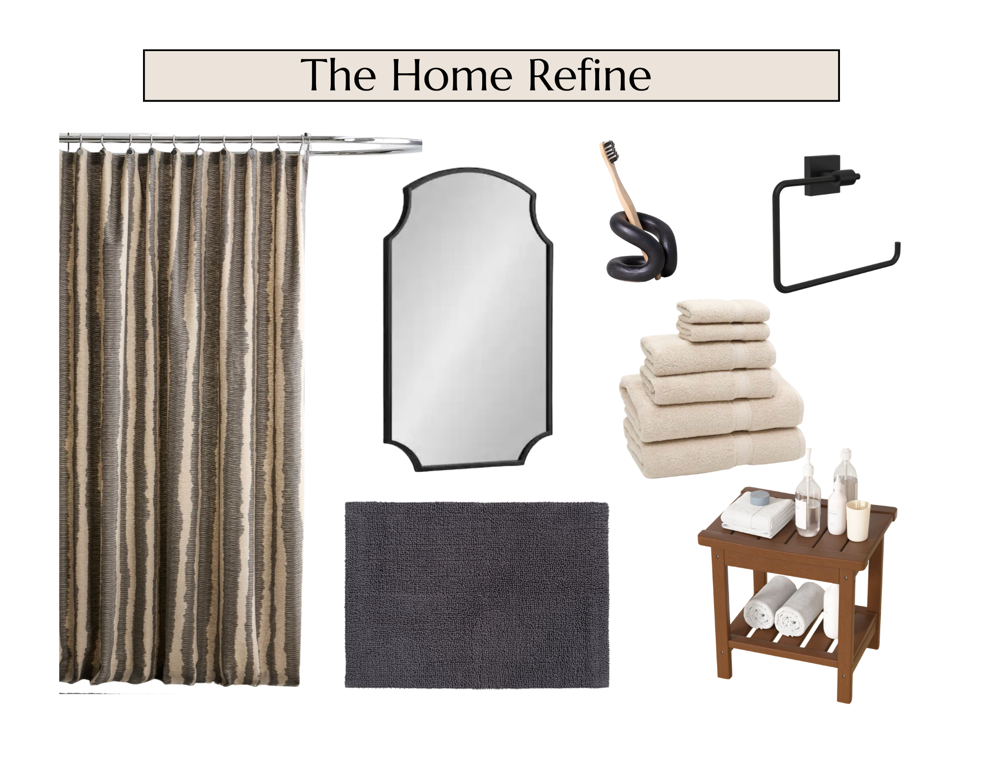 Collection of home decor items including a patterned shower curtain, a black framed mirror, a black drinking straw sculpture, a black wall hook, a stack of beige towels, a small wooden storage stand with rolled towels, and cleaning or lotion bottles.