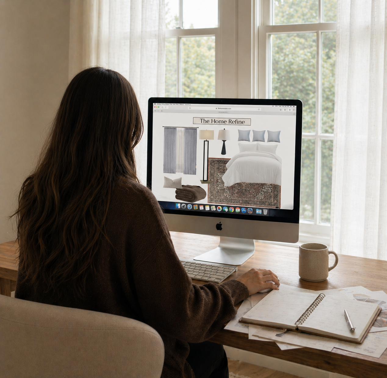 Woman working at a desk with a desktop computer displaying a home decor website, with a window and curtains in the background.