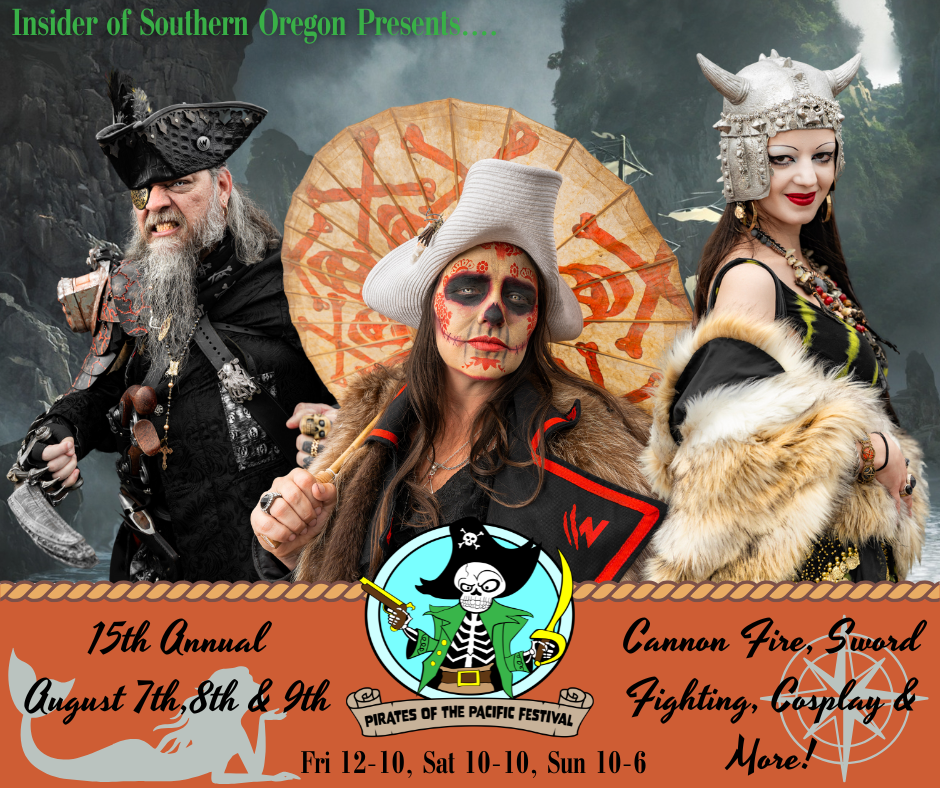 Promotional poster for the 14th Annual Pirates of the Pacific Festival, featuring three people in pirate and Viking costumes. Text includes festival dates: August 8th, 9th, 10th. Activities mentioned: cannon fire, sword fighting, cosplay. Background shows a rocky landscape.